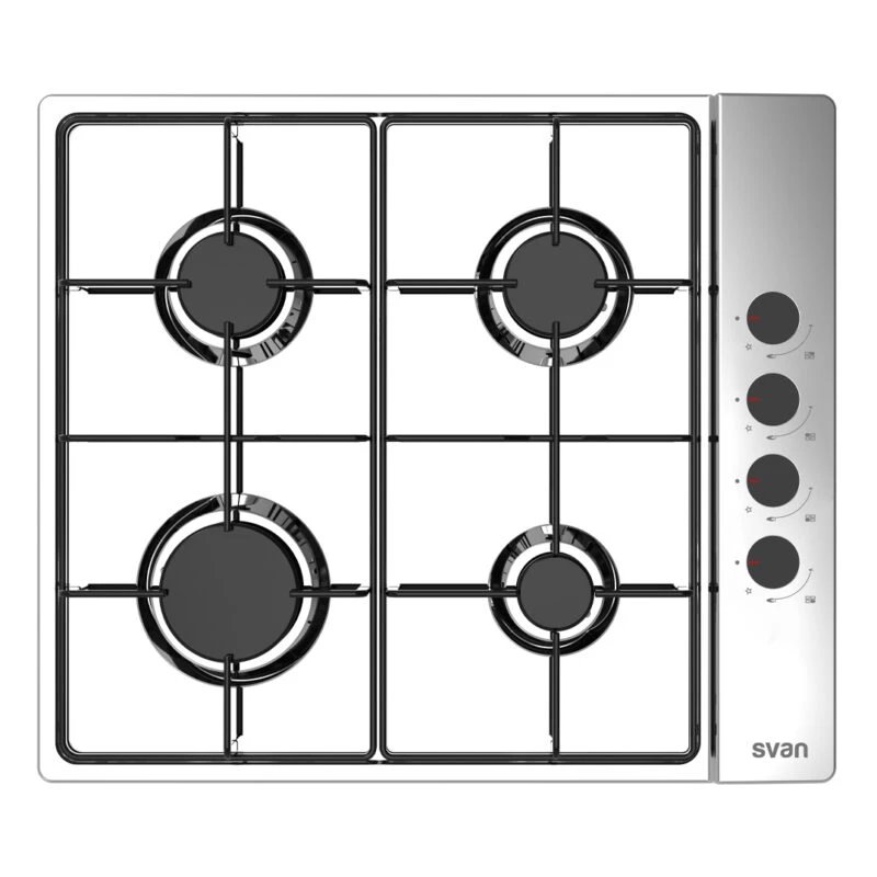Placa a Gas 60cm Svan SG4601X  | 4 Zonas, Butano (preparada) - incluye kit de conversión a gas ciudad, Inox, Superficie Inox con parrillas esmaltadas, 7200W