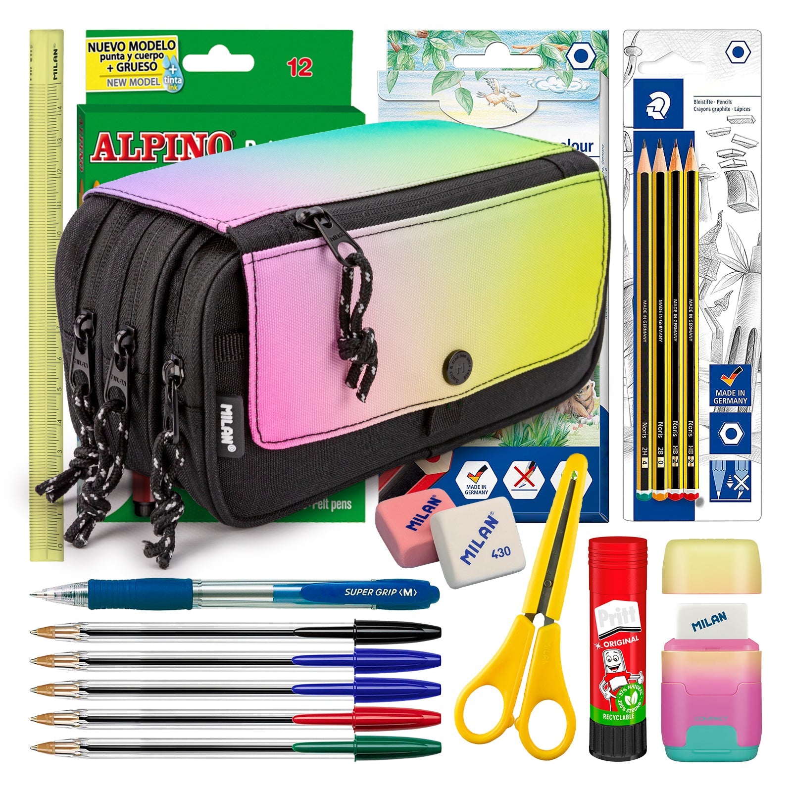ColePack PRO Milan - Estuche Triple de 3 Cremalleras y Material Escolar Incluido. Sunset
