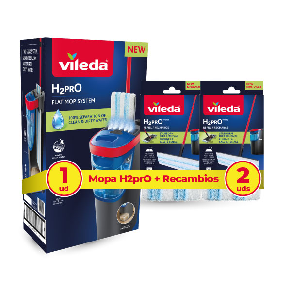 Vileda Mopa H2PRO Flat Mop o H2PRO Flat Mop + 2 Recambios | Limpieza avanzada con separación de agua limpia y sucia | Tecnología que ahorra agua y microfibra eficiente para suelos impecables | Diseño ergonómico | uso sin esfuerzo y almacenamiento compacto