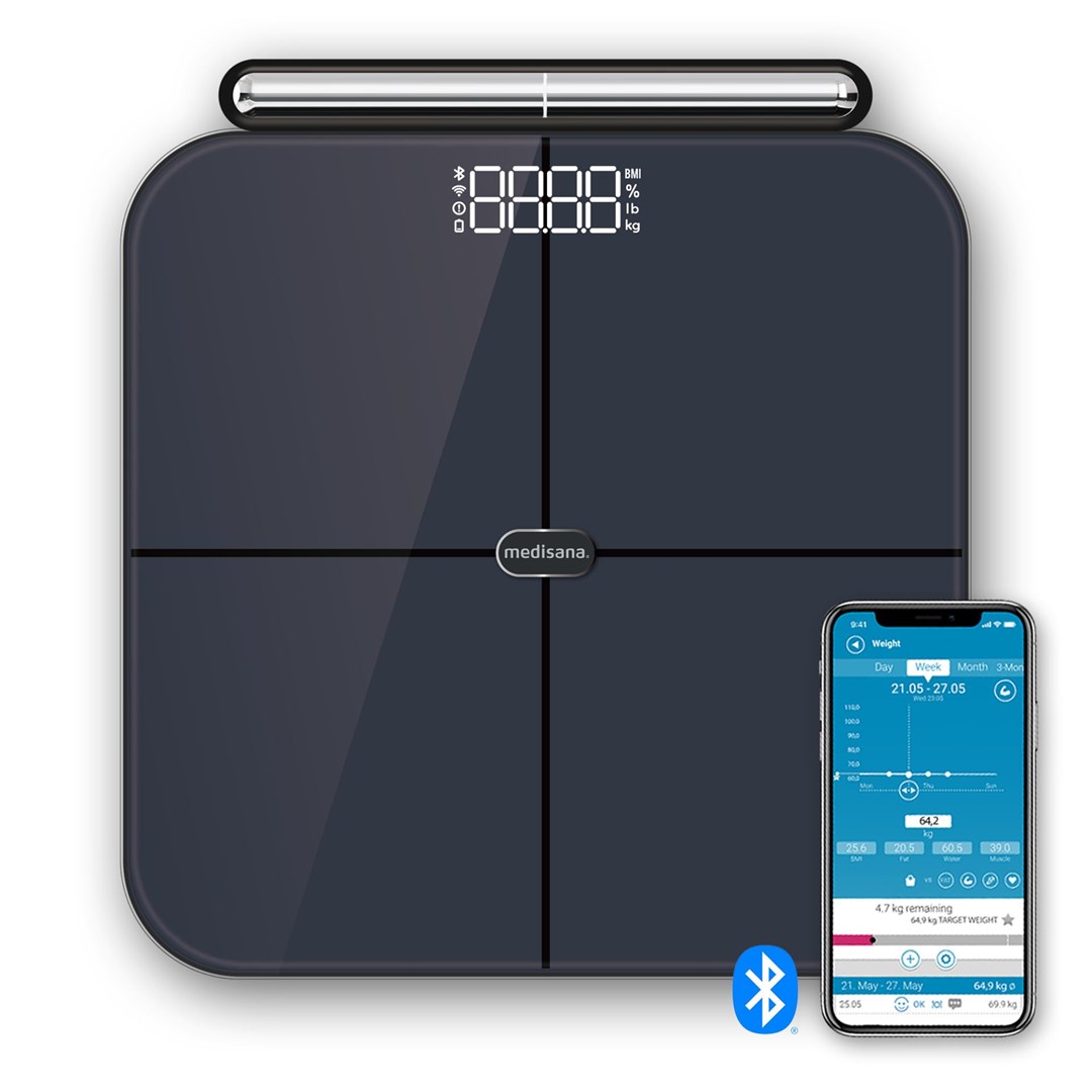 medisana BS 850 connect báscula de análisis corporal con sensores manuales, balanza con 8 electrodos, medición de peso, grasa corporal, masa muscular, bascula de baño con conexión a aplicación