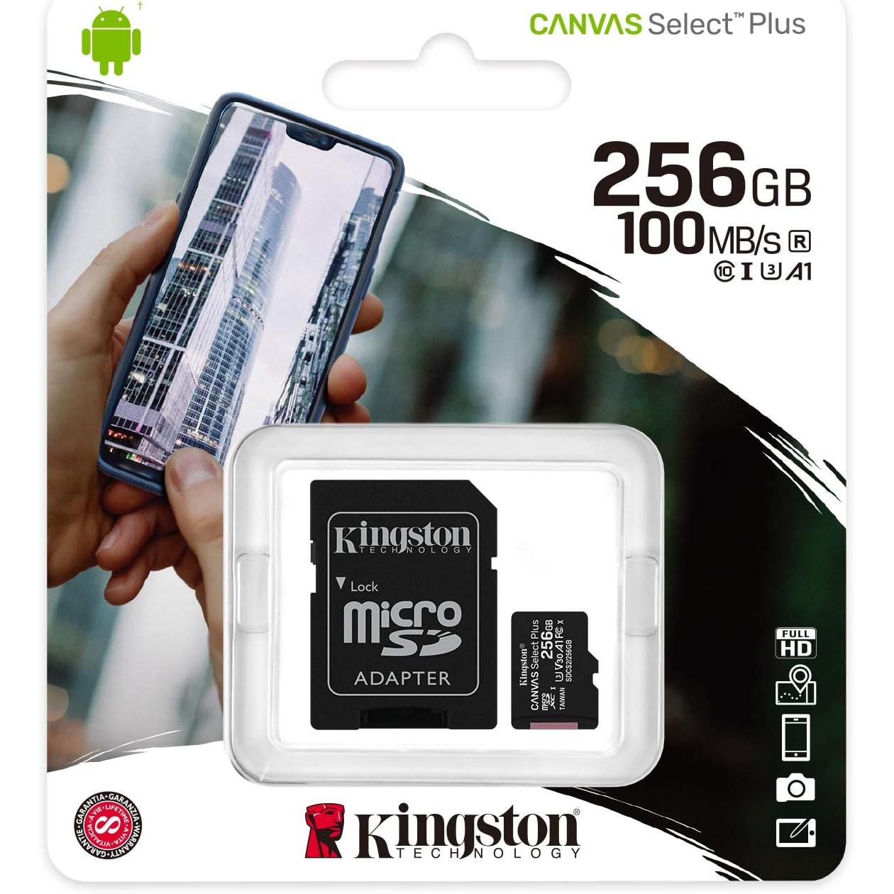 Kingston Canvas Select Plus Tarjeta microSD, garantía por vida con el fabricante, SDCS2/ 8GB 32 GB 64GB 128GB 256GB  Class 10 con Adaptador SD,