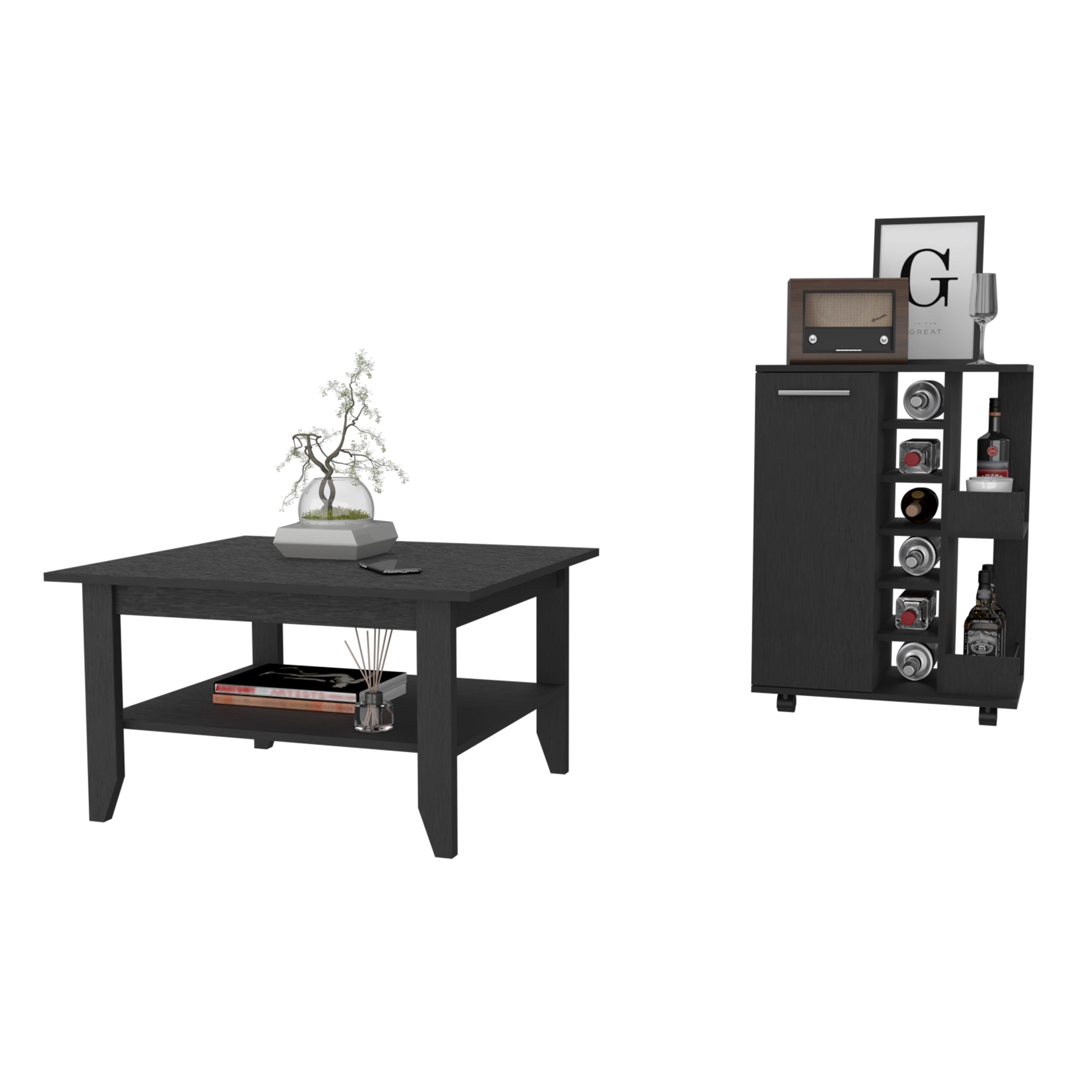 TUHOME Conjunto Payson de Salón, Mesa de Centro + Carrito de Bar, Negro