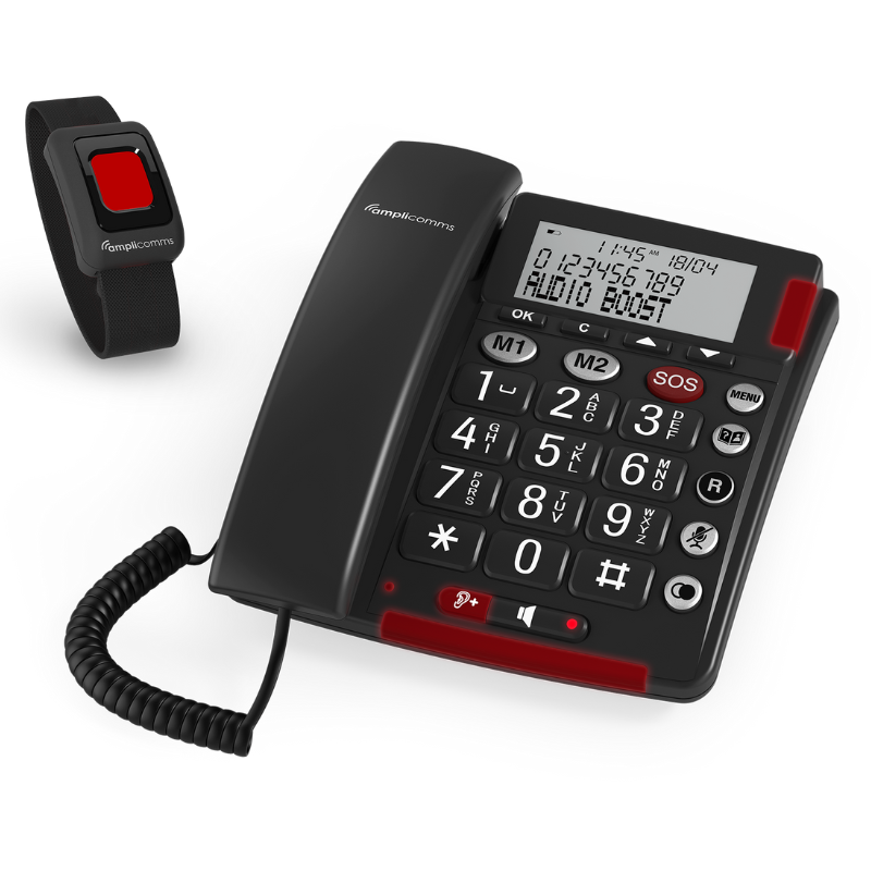 Teléfono Amplicomms BigTel 50 Alarm Plus, para mayores con pulsera de seguridad SOS