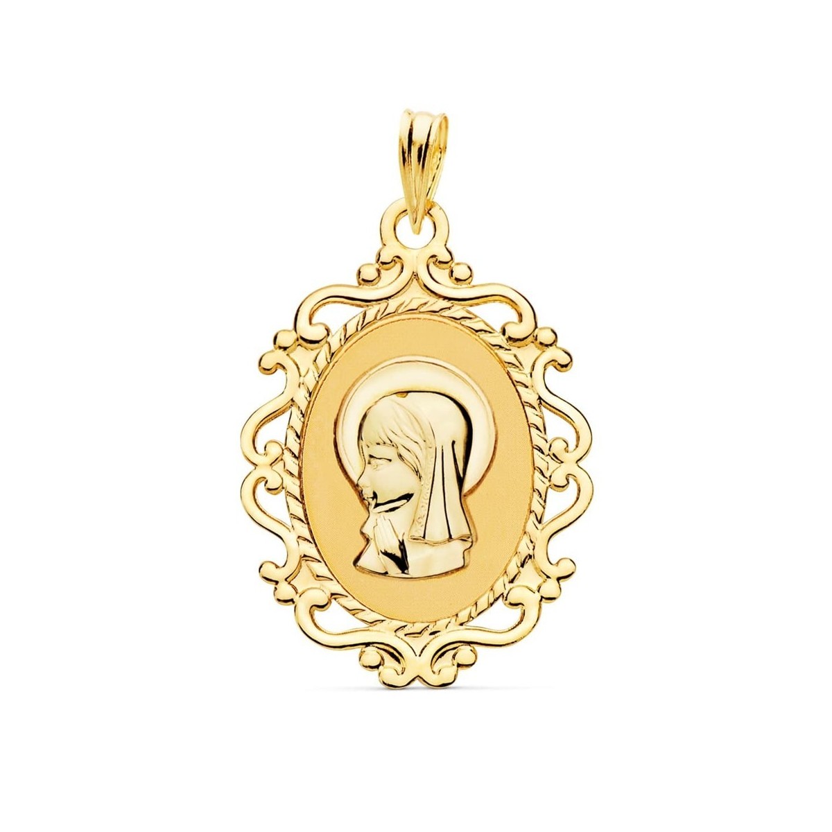 Virgen Niña medalla oro 18k Primera Comunión colgante 23 mm. ovalada formas