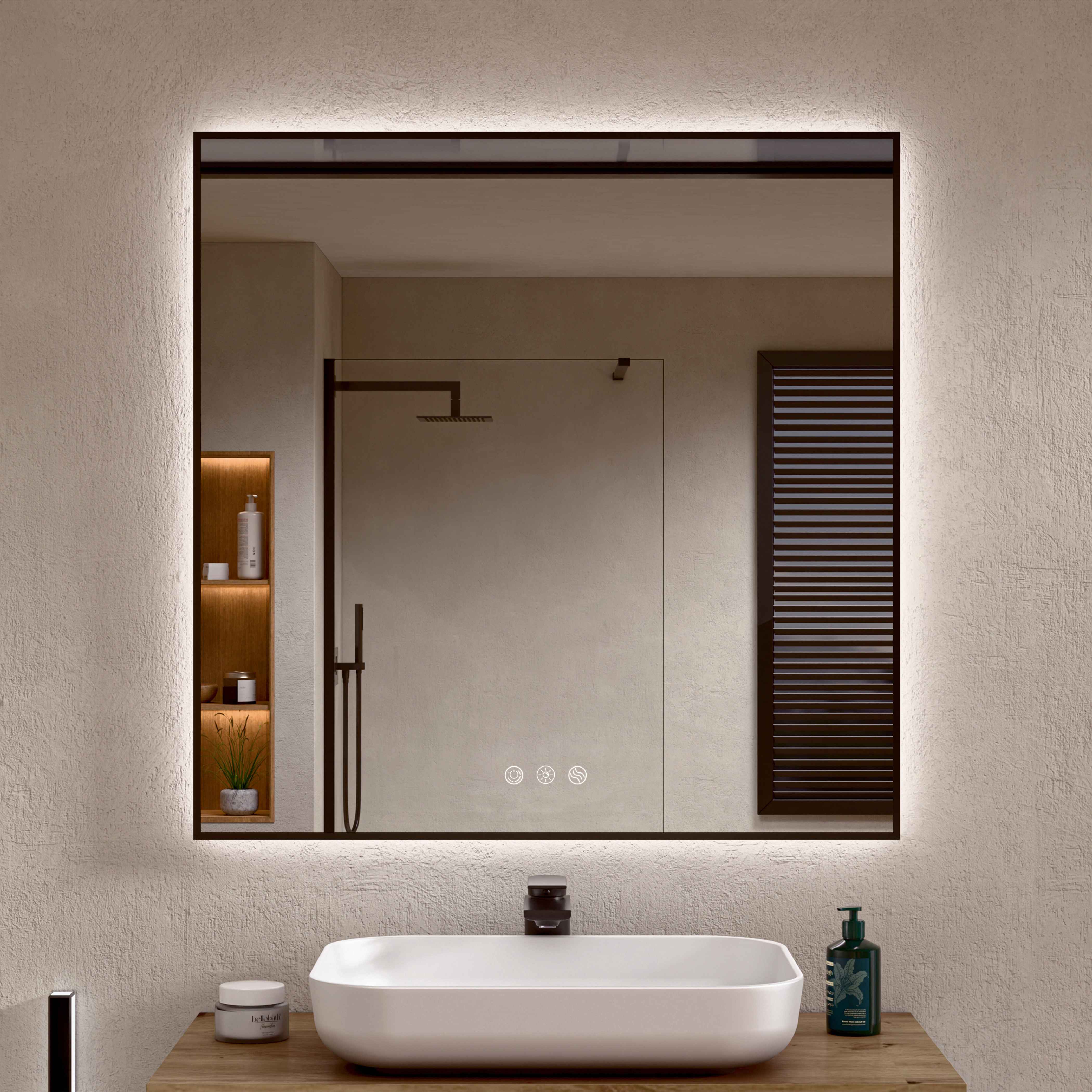 BELLOBATH - Espejo Baño con Luz Led Perimetral, Luz Ajustable en 3 Colores e Intensidad, Antivaho, Marco de aluminio Negro - 80cm alto x 60cm ancho