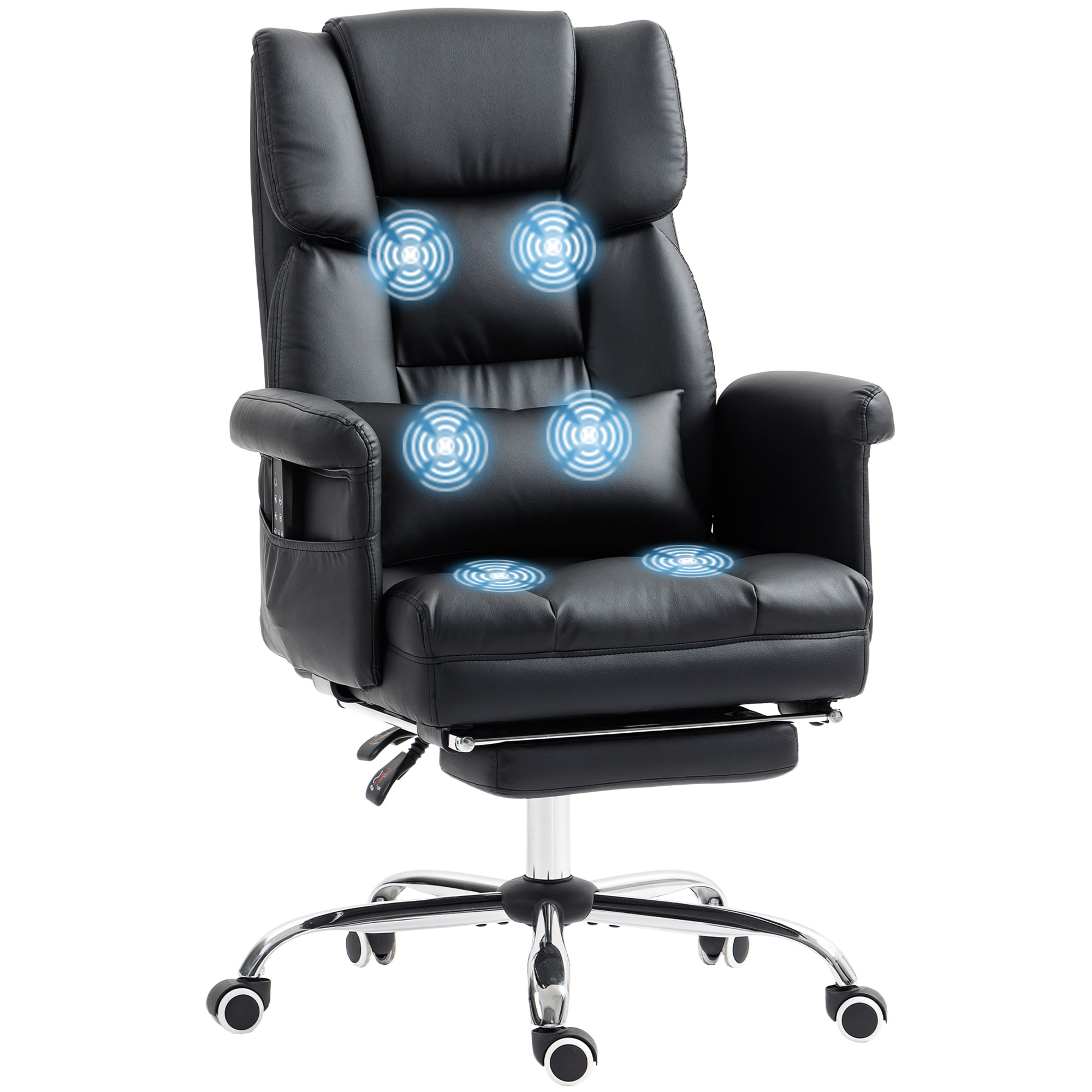 HOMCOM Silla de Oficina con 6 Puntos de Masaje Silla de Masaje Giratoria Silla de Escritorio con Reposapiés Retráctil Altura Ajustable Control Remoto y Soporte Lumbar Tejido de PU Negro