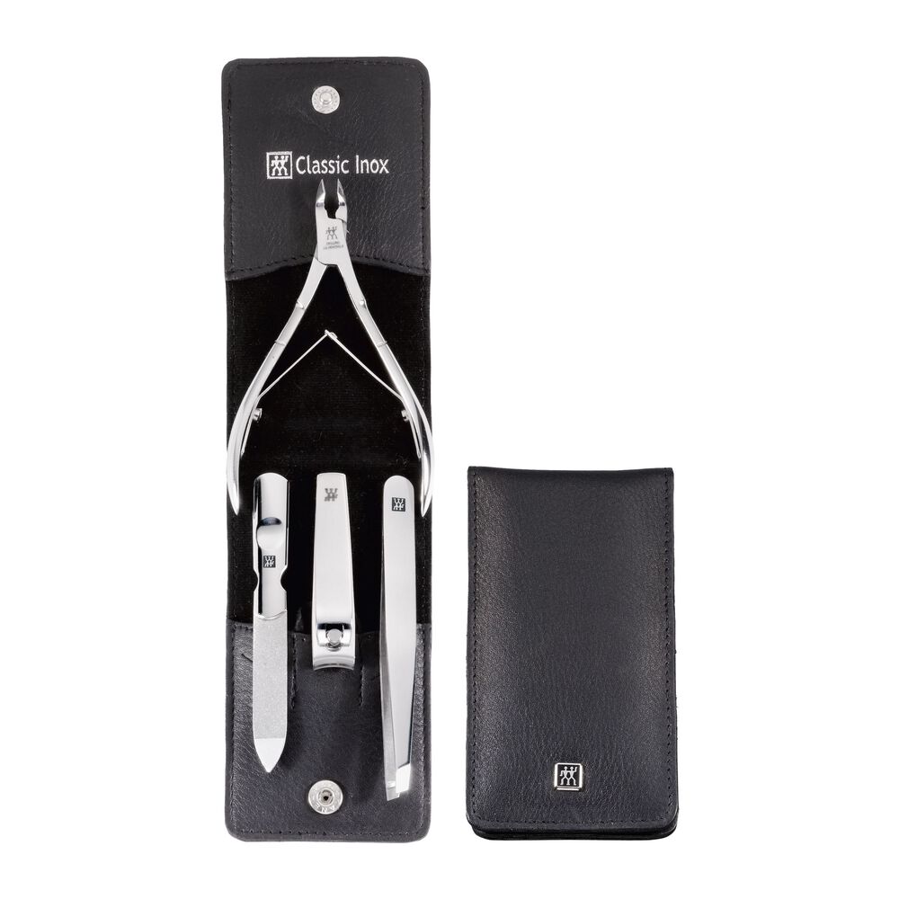 ZWILLING - Estuche Belleza Manicura 4 Piezas, Piel Negra Terciopelo, Cierre Presión, Cortauñas, Cortacutículas, Pinzas, Lima Zafiro
