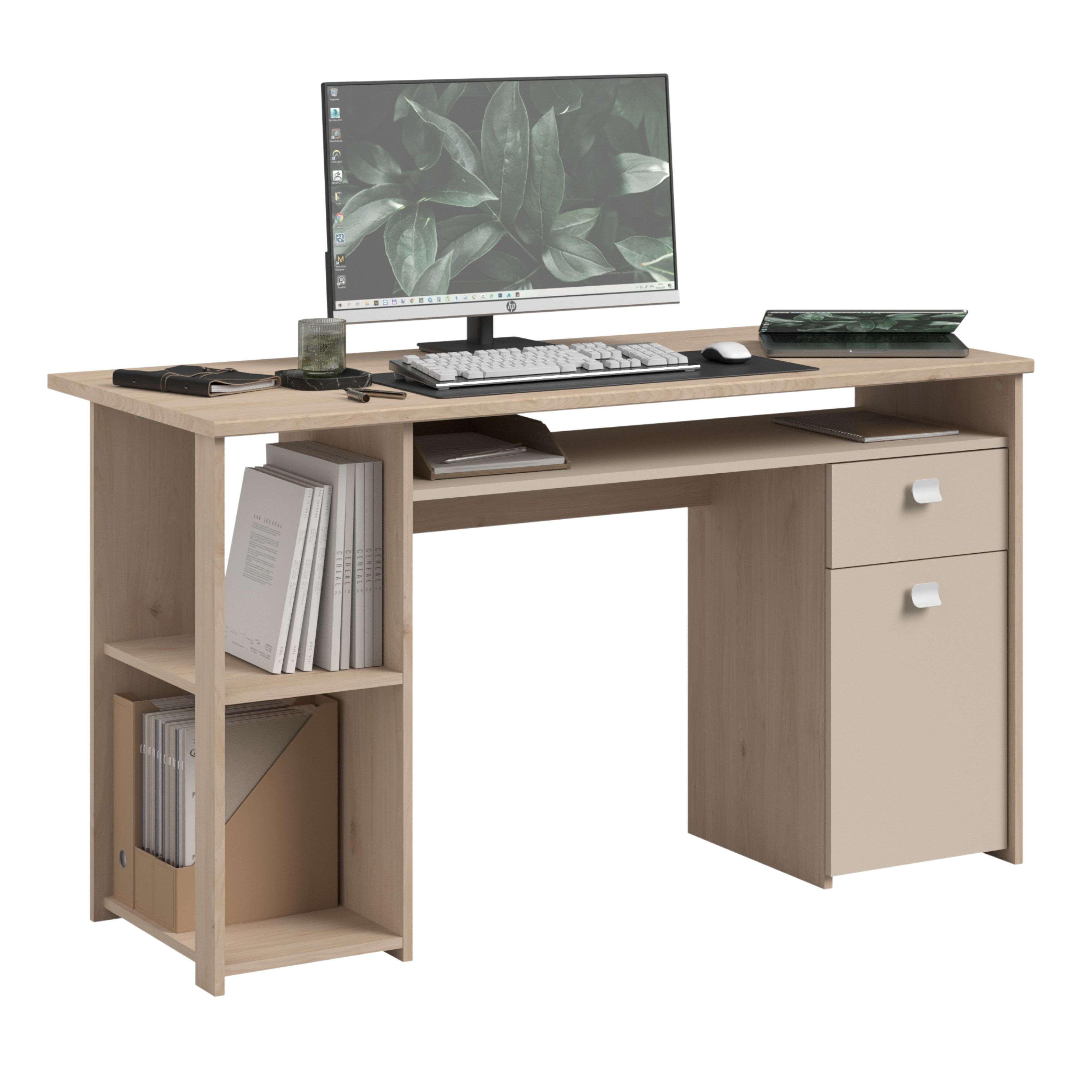 Miroytengo Escritorio de Ordenador Anello, Mesa Oficina 1 Cajón, 1 Puerta Roble Jackson y Cashmere 138x78x59 cm