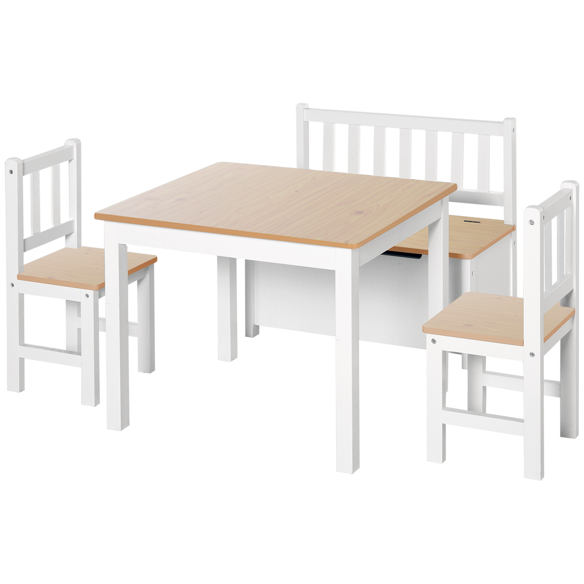 HOMCOM Mesa y Sillas Infantiles de 4 Piezas Mesa Infantil con 2 Sillas y Banco con Almacenaje Juego de Muebles para Actividades para Niños de +3 Años para Dormitorio Sala de Juegos Gris y Blanco