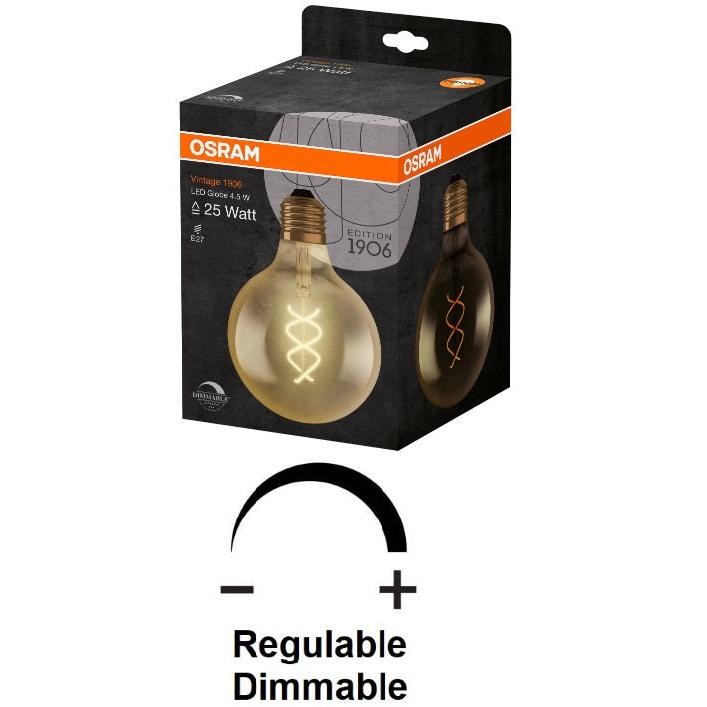 Osram - GLOBO LED 125mm FILAMENTO ESPIRAL ÁMBAR E-27 4,5 W 420 lm 2500K para lámpara techo, mesita de noche y apliques pared interior, duración 15.000 horas