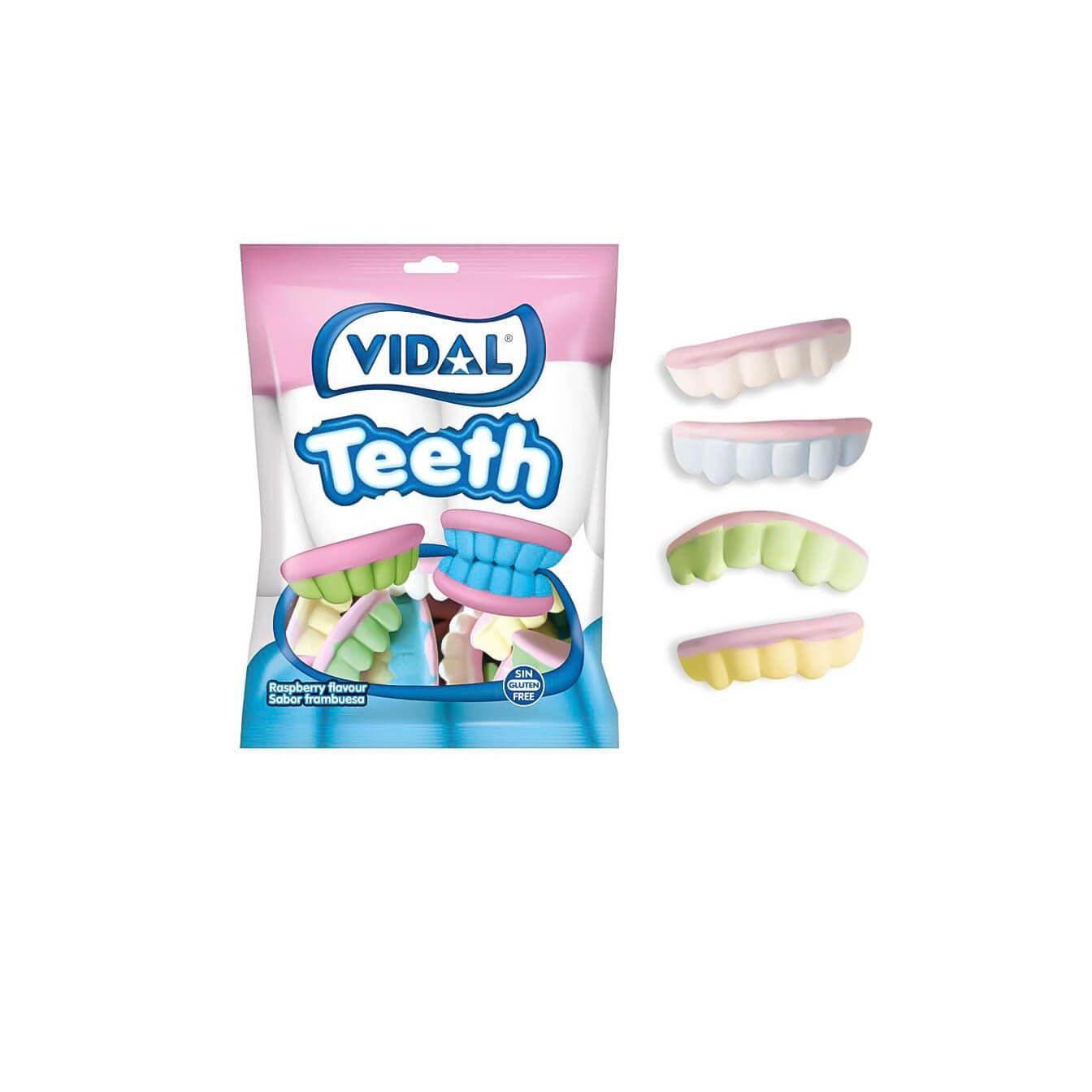 Golosinas de Dentaduras de Vidal 14 bolsas de 65 gr - Auténticas dentaduras Vidal sabor frambuesa. Muy realistas y de diferentes colores, azul, amarillo, verde, rosa y blanco. ¡listas para hincarles el diente!