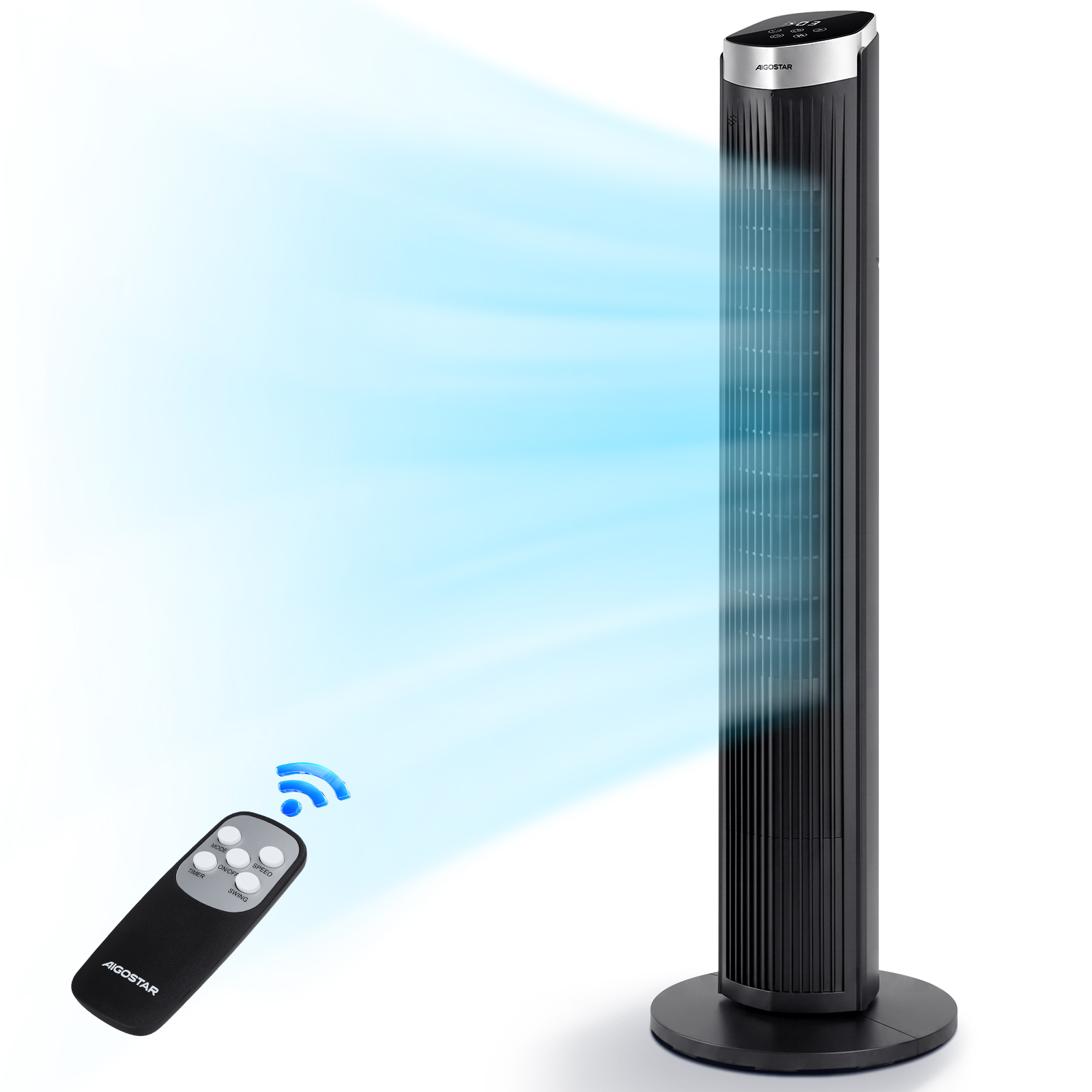 Aigostar Ventilador de Torre Silencioso con Mando a Distancia – Pantalla LED, 3 Modos y 3 Velocidades, Temporizador de 12 h, Oscilación, 55 W, Altura 100 cm, Ideal para Dormitorio u Oficina