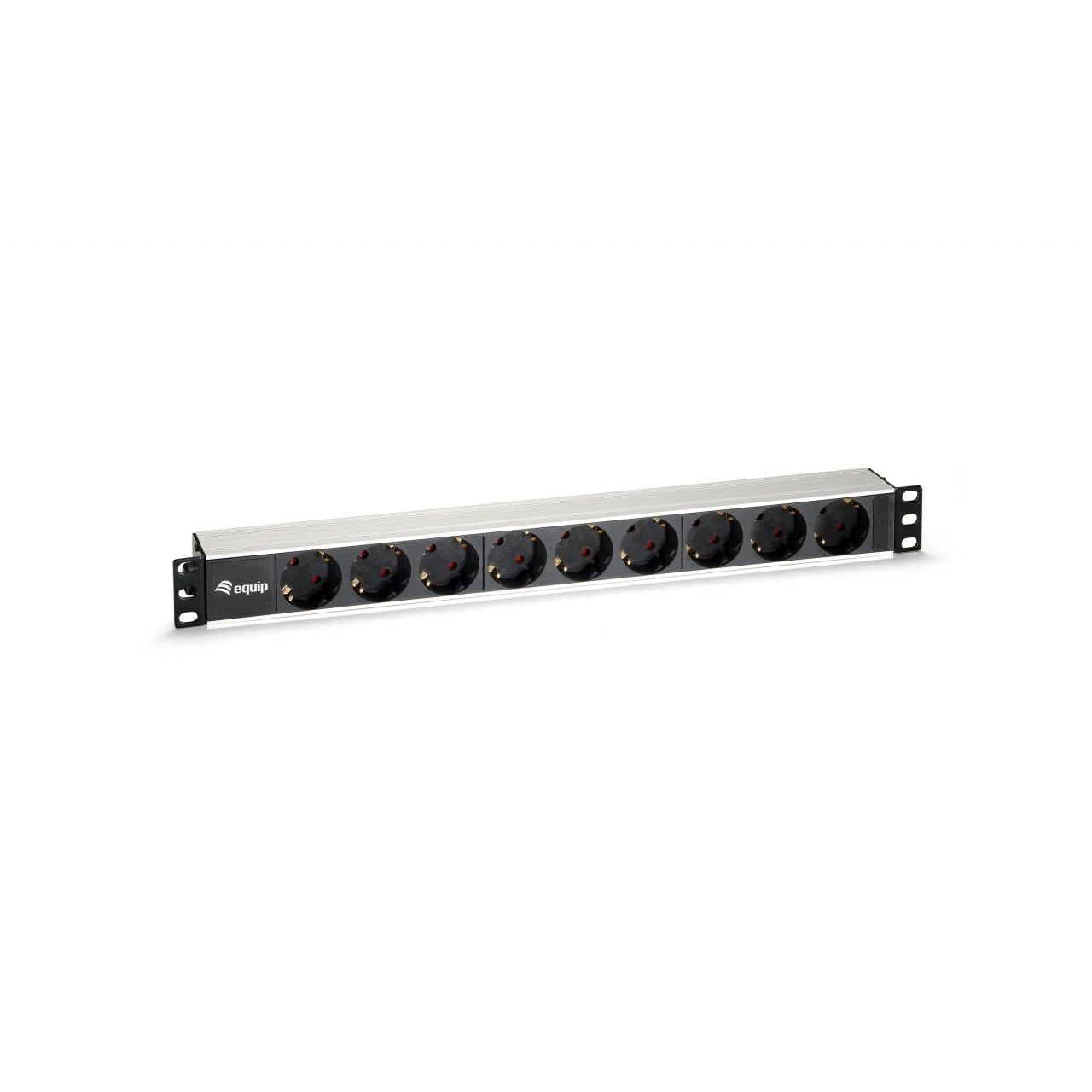 Equip - Regleta de corriente Rack 19 1U EQUIP 333292 con 9 tomas Schuko, 16A/250V/3500W, fabricada en aluminio resistente para centros de datos y racks de red