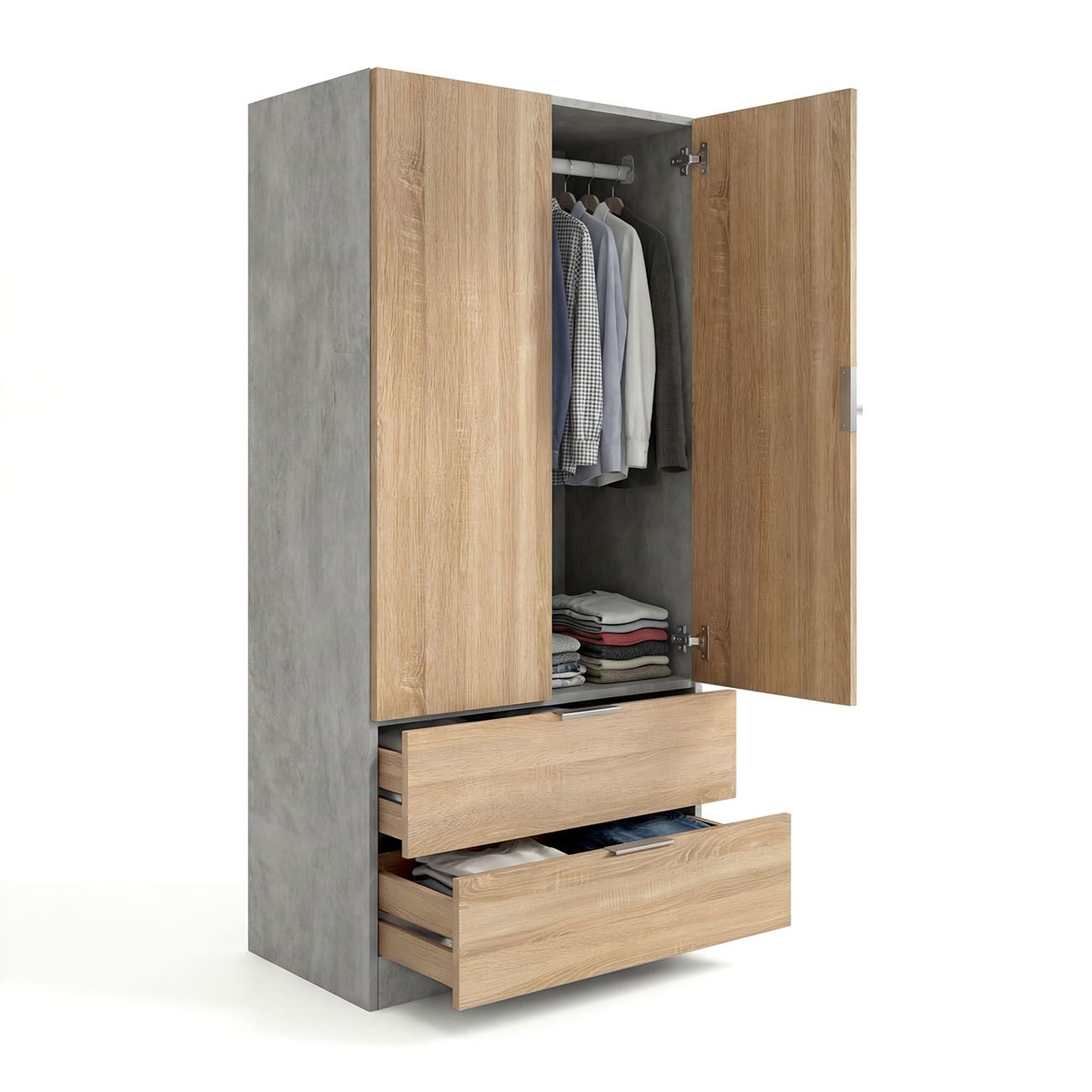 duehome - Armario de 2 puertas y 2 cajones Lark para dormitorio, fabricado en melamina de alta calidad, medidas 81,5x180x52 cm, diseño nórdico moderno con barra colgante y estantes integrados