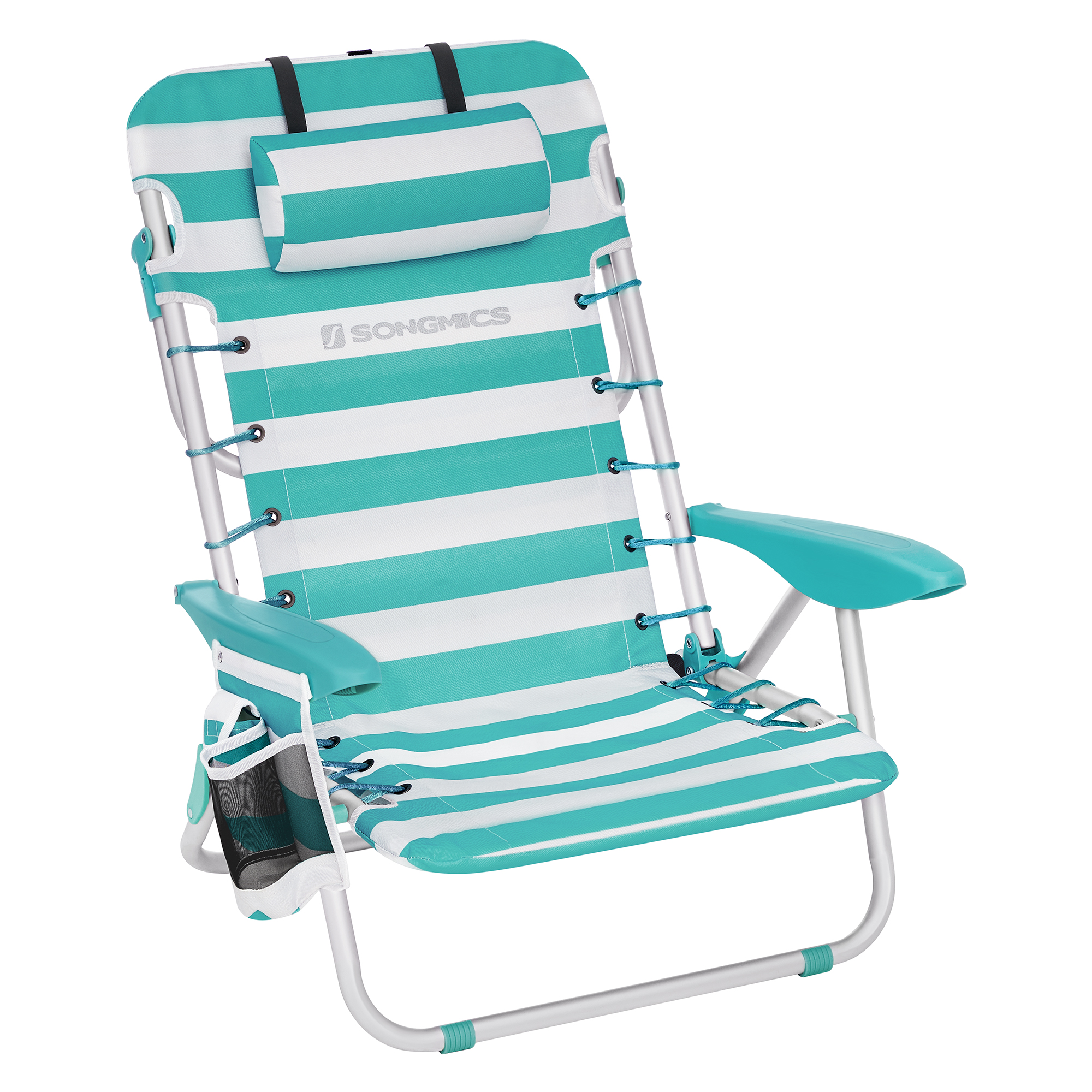 SONGMICS Silla de Playa, Silla de Camping, Silla de Exterior Portátil, con Correa de Hombro, Plegable, Respaldo Ajustable, Reposacabezas, Apoyabrazos, 2 Bolsillos Laterales, Azul y Blanco/Rojo y Blanco/Verde y Blanco