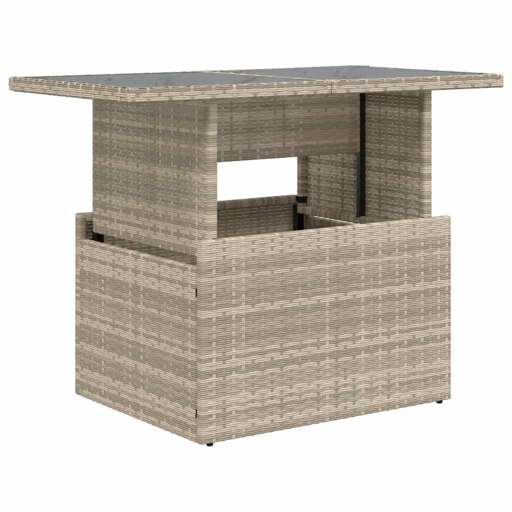 vidaXL Mesa jardín superficie vidrio ratán PE gris claro 100x55x73 cm