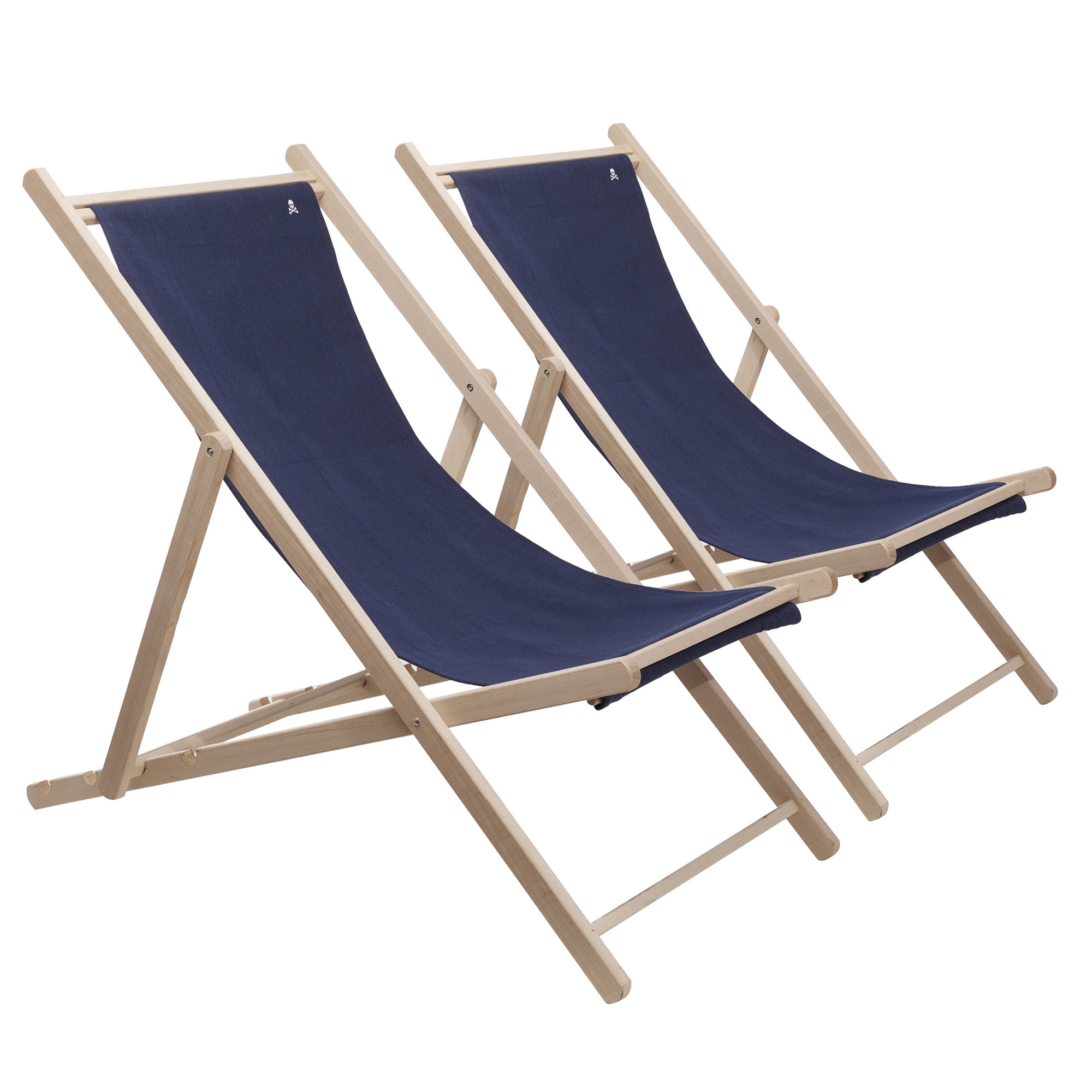 Scalpers Home Set de 2 Hamacas de Madera de Haya Plegables sin Brazos, Estructura sin Barniz, Lona Azul Oscuro