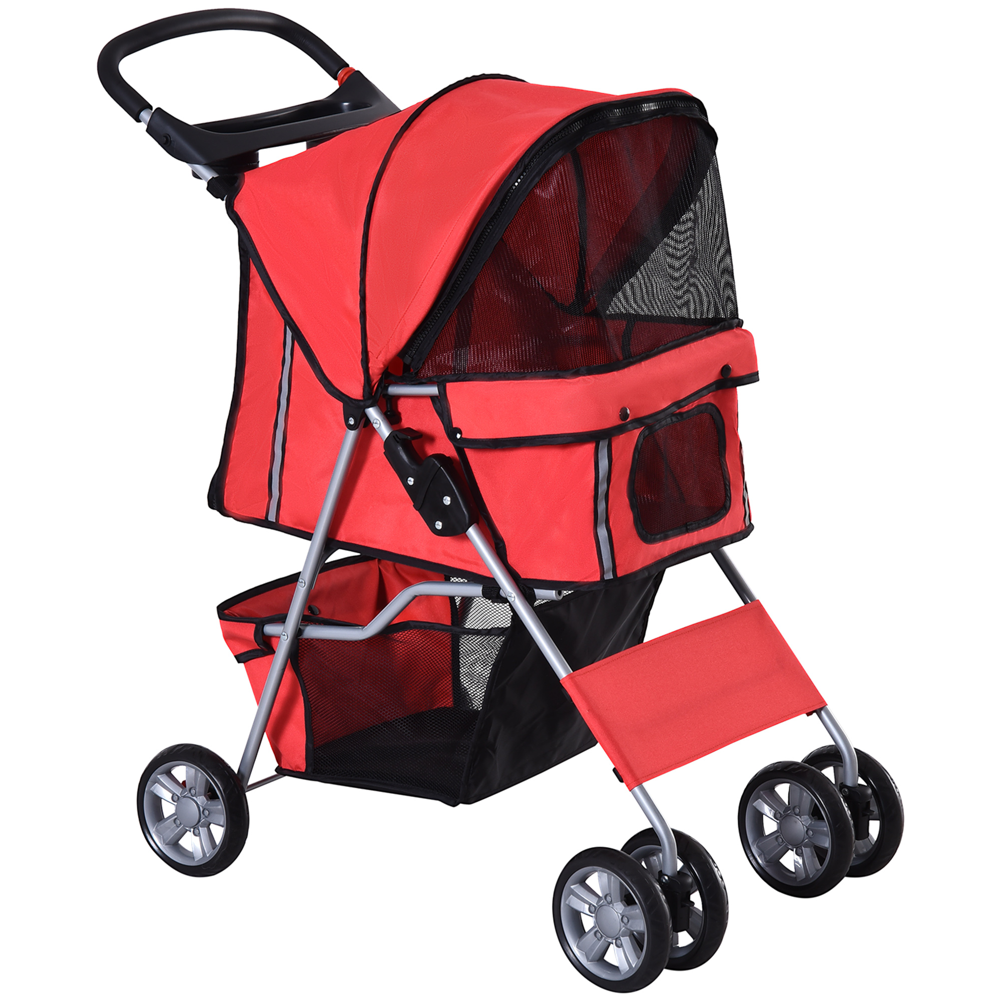 PawHut Cochecito para Mascotas Plegable Carrito para Perros Gatos con Toldo Ajustable Cesta de Almacenaje Ventanas y Portavasos Tela Oxford y Frenos 75x45x97 cm