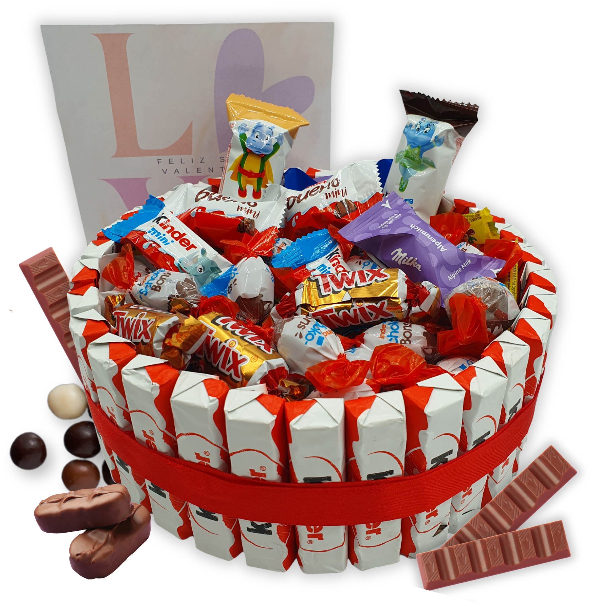 Tarta de Chocolate Kinder + Miniatures - Regalo Ideal para San Valentin. + de 80 Chocolates Kinder - Tarta de 20 cms [IAMI]