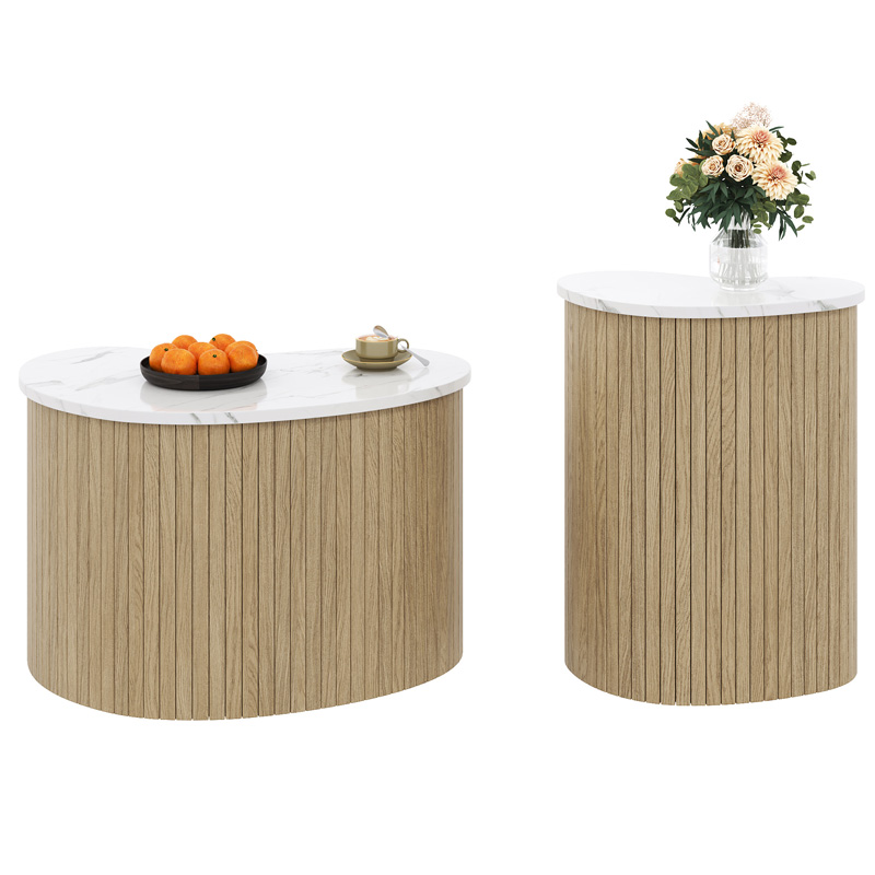 Ensemble de 2 tables basses gigognes effet marbre et bois au style scandinave