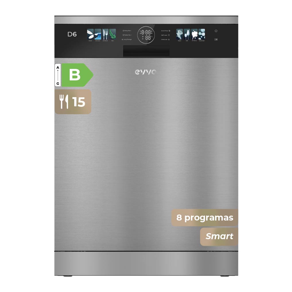 Lavavajillas EVVO D6 60cm, 15 Cubiertos, Clase B, Apertura Auto, Luz UV, Blanco, Inox y Negro