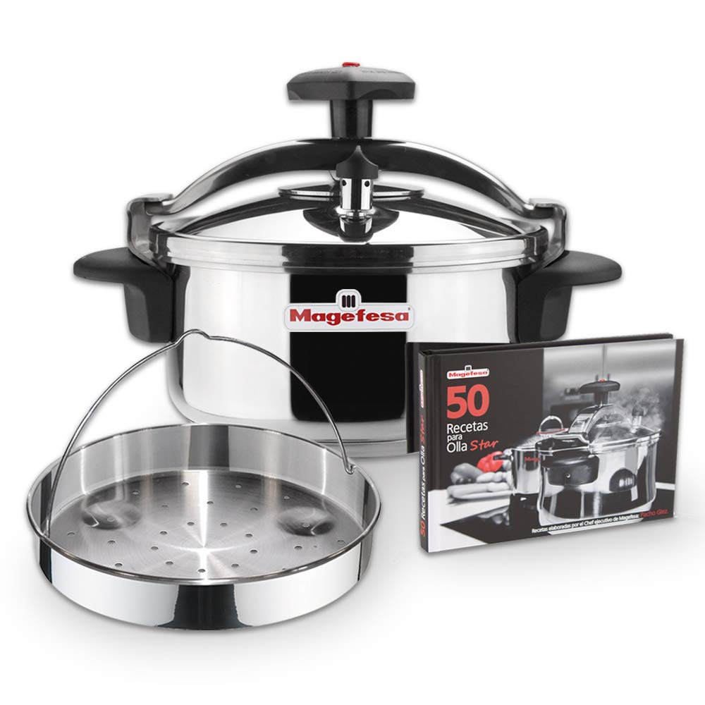 Magefesa Star Recta - Pack Exclusivo Olla Express Tradicional + Cestillo Vaporera + Libro de Recetas, Acero Inoxidable 18/10, Apta para Inducción