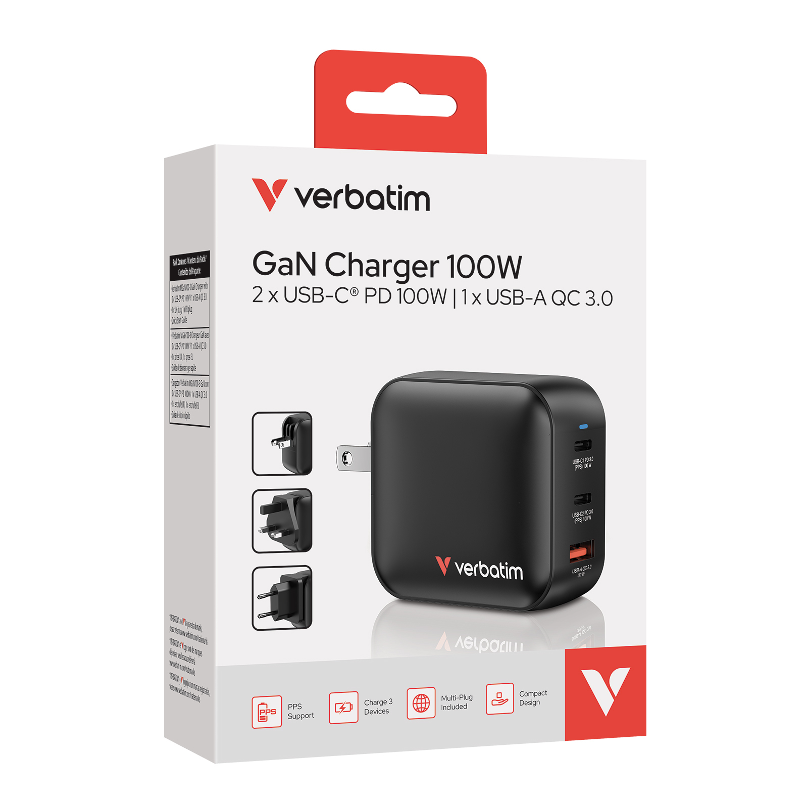 Verbatim GaN Charger 100W Universal Negro Corriente alterna Carga rápida Interior