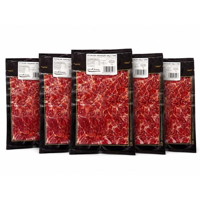 Jamón premium en PETALOS LONCHEADO FINO, 10 unidades de 100 g (1 kg total), curado más de 24 meses, sabor auténtico ibérico, listo para consumir, ideal para aperitivos, tablas y bocadillos
