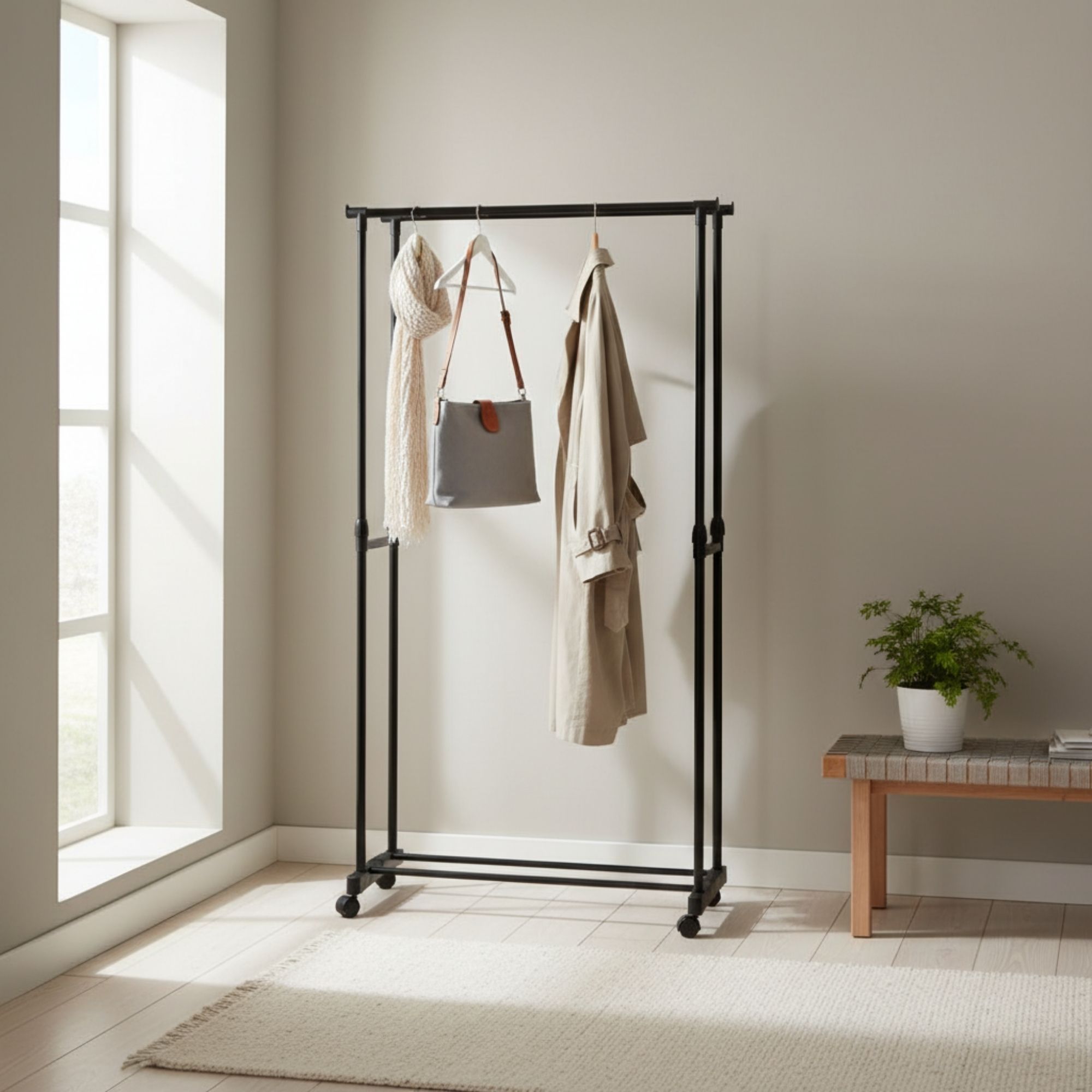MOBLEKIT | Percheros de Pie y Percheros Extensibles de Metal y Madera, Burros de Ropa con Opciones Ajustables, con Ruedas o Estantes, Organizadores para Dormitorio, Entrada y Hogar