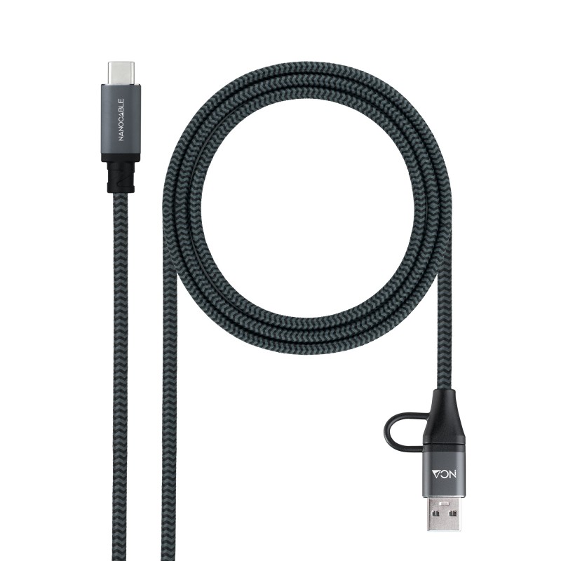 Nanocable - Cable USB 3.2 Gen2x2 20Gbps 5A/100W, USB-C+USB-A/M a USB-C/M, Gris/Negro, 2m 10.01.4112-COMB