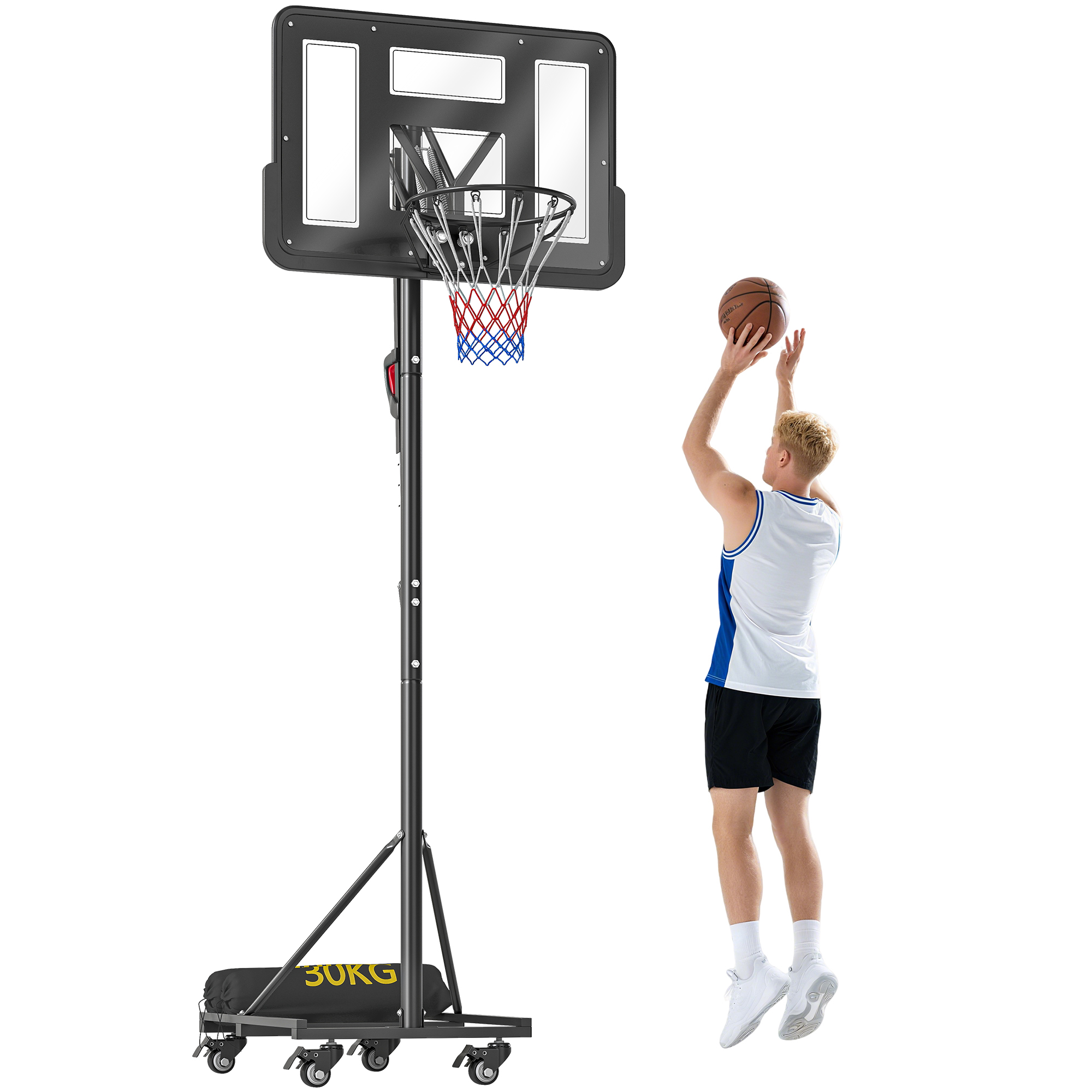 SPORTNOW Canasta de Baloncesto para Exterior, Altura Ajustable 235-305 cm, Canasta de Baloncesto Portátil con Tablero Irrompible 110 cm, Saco de peso y Ruedas, para Adolescentes y Adultos, Negro