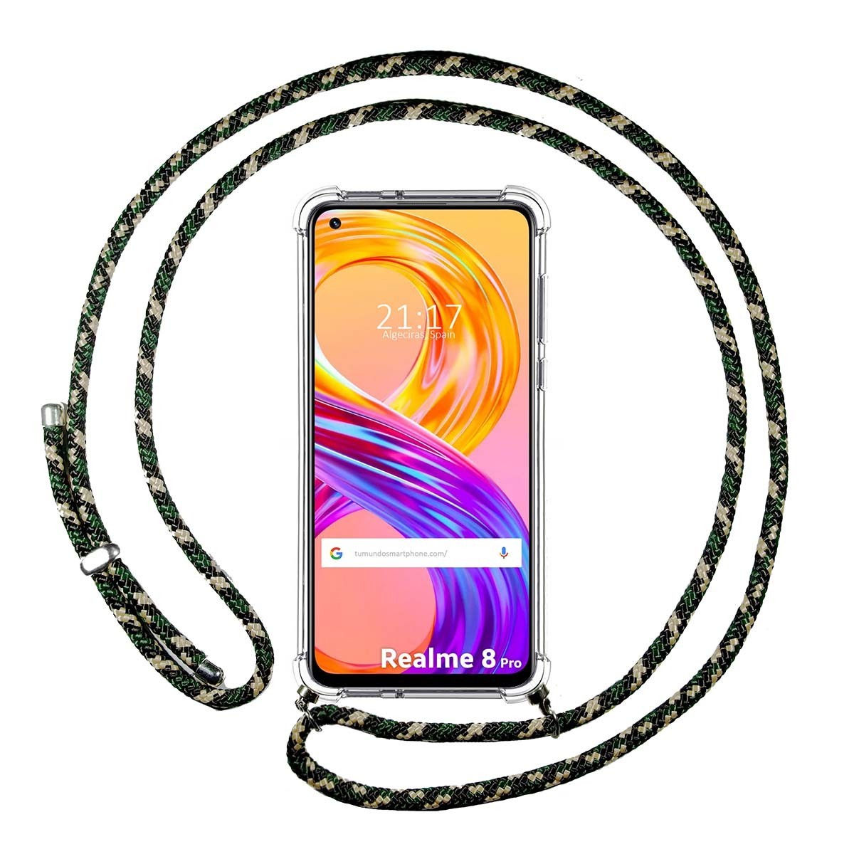 Tumundosmartphone Funda Colgante Transparente para Realme 8 4G / 8 Pro con Cordon Verde / Dorado