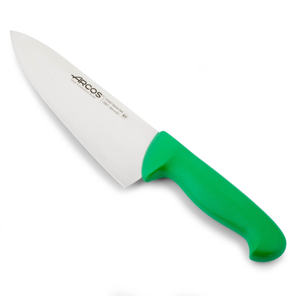 Arcos Cuchillo Chef con Hoja Acero Inoxidable Nitrum 200 mm. Cuchillo cocina profesional multipropósito. Mango ergonómico polipropileno. Serie 2900. Color verde.