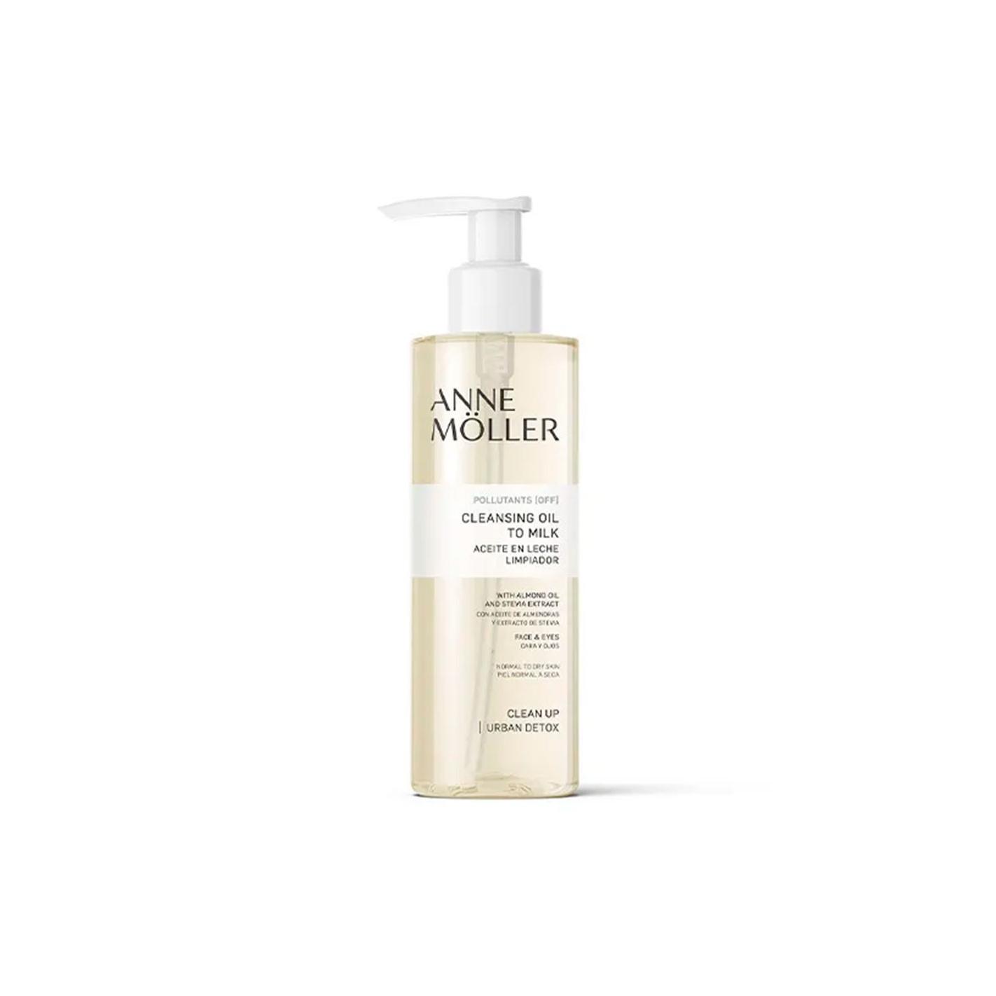 Anne Moller - Clean Up Cleansing Oil To Milk, limpiador bifásico aceite-leche que se transforma en leche al contacto con agua para una eliminación suave de maquillaje y residuos, con aceite de almendras y extracto de estevia para pieles normales a secas