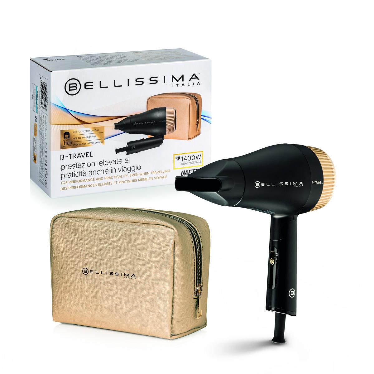 Bellissima B-Travel - Secador de Pelo de Viaje, Compacto y Portátil, Mango Plegable, Potencia 1400W, Doble Voltaje, Concentrador de Precisión, Estuche de Viaje