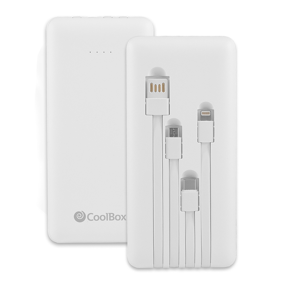 Coolbox - PowerBank 10000mAh con Cables Integrados OmniCharge: USB-C, microUSB, Lightning, USB-A. Carga hasta 4 Dispositivos a la vez, Indicador LED