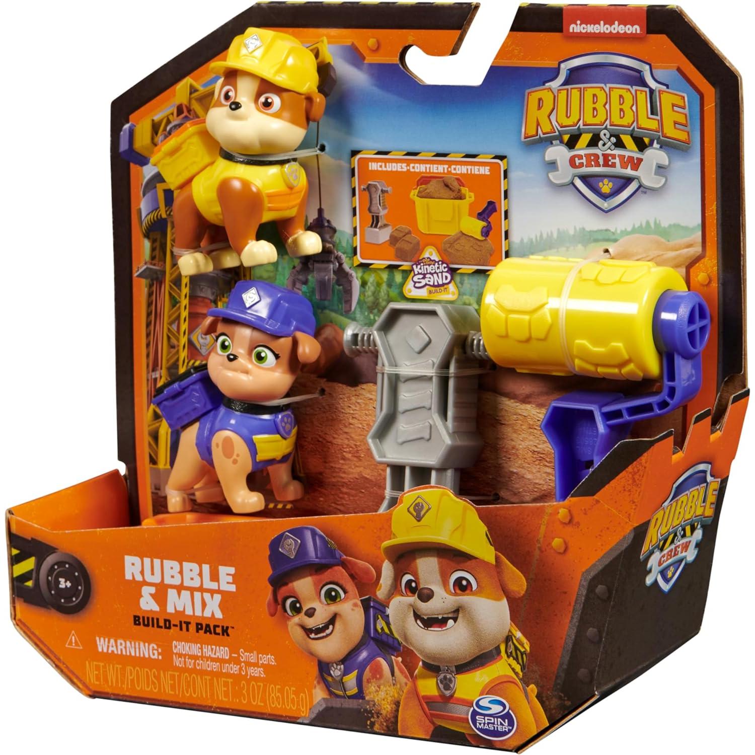 Rubble & Crew, Conjunto de Figuras de acción de Rubble y Mix con 85,05 g de Arena Kinetic Build-It y 2 Juguetes de construcción para manipular con Las Manos, Juguetes para niños a Partir de 3 años