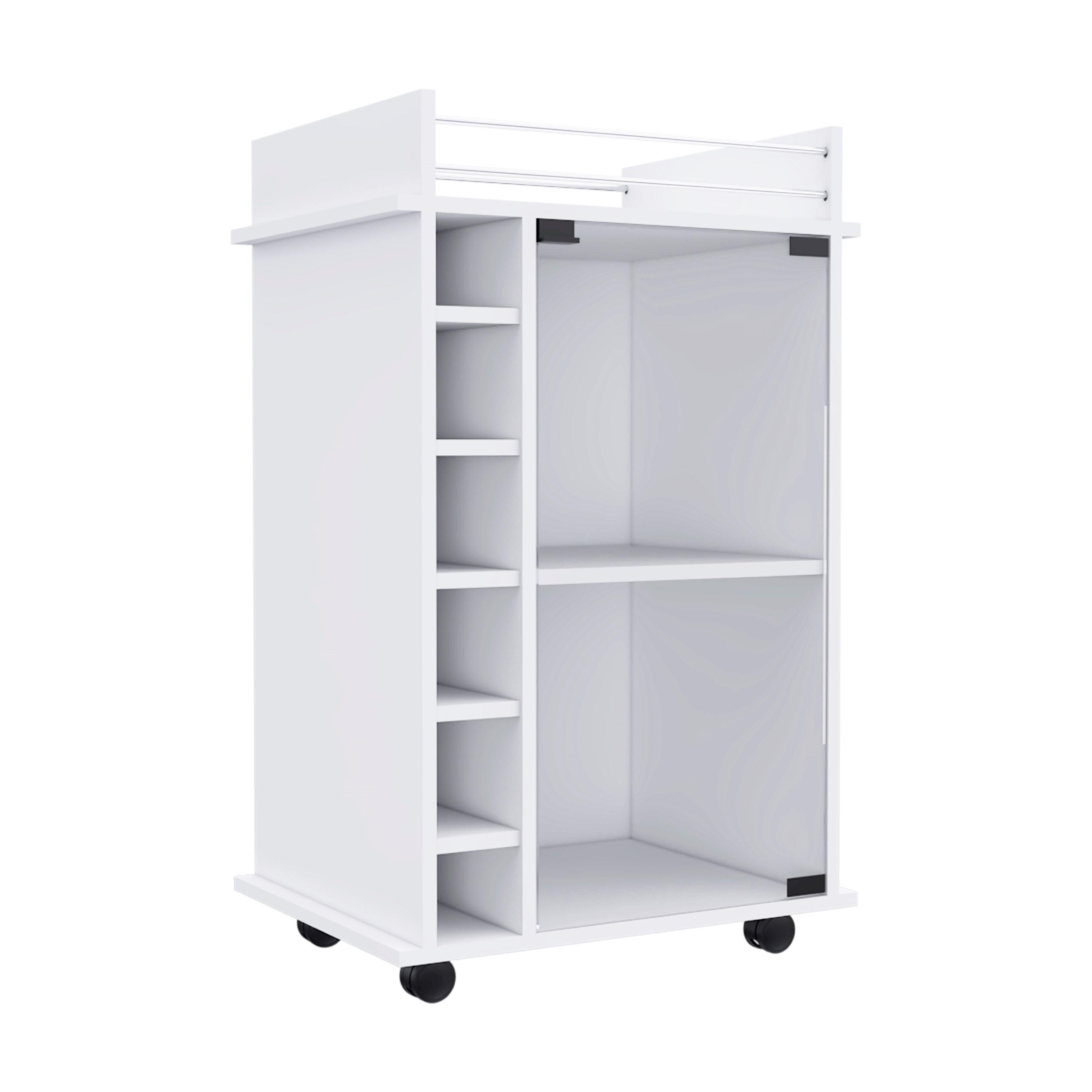 TUHOME - Carrito de bar Dukat en melamina con 6 botelleros, 3 estantes y 4 ruedas para cocina o salón, blanco, 89 x 55 x 41.5 cm
