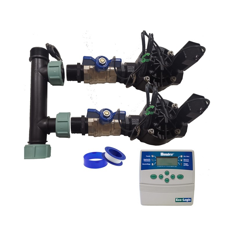 RAIN BIRD Sistema de Riego Automático para Jardín de 2 Zonas | Programador ELC401 | Electroválvulas Rain Bird HV 1" 24V