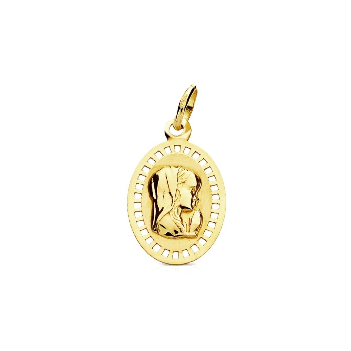 Medalla oro 9k Virgen Niña 19mm. marco calado cuadros oval centro liso
