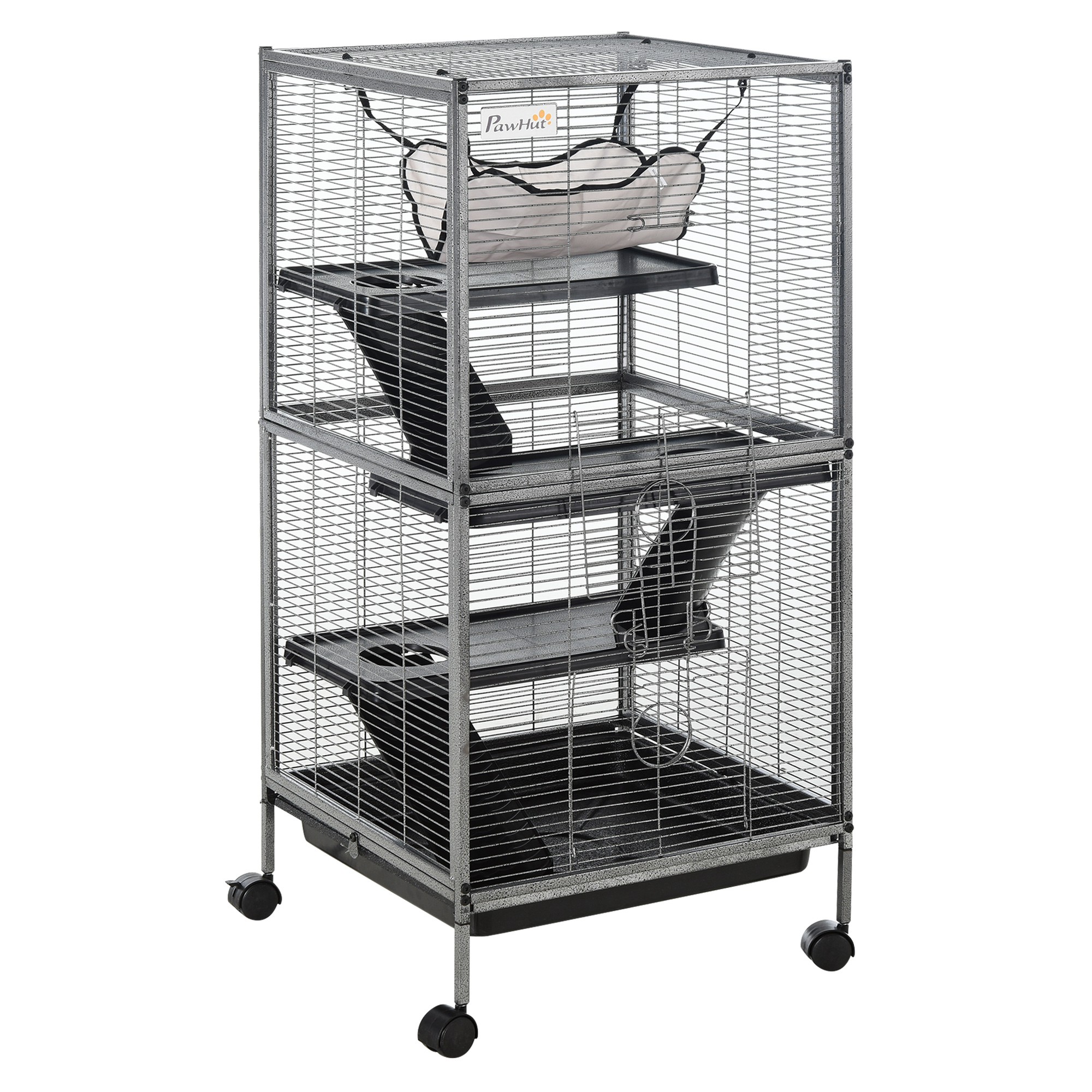 PawHut Jaula Grande para Roedores 52x52x113,5 cm Jaula para Hurones con Ruedas con 2 Puertas 3 Rampas Hamaca Colgante y Bandeja Extraíble para Cobayas Ratoncillos