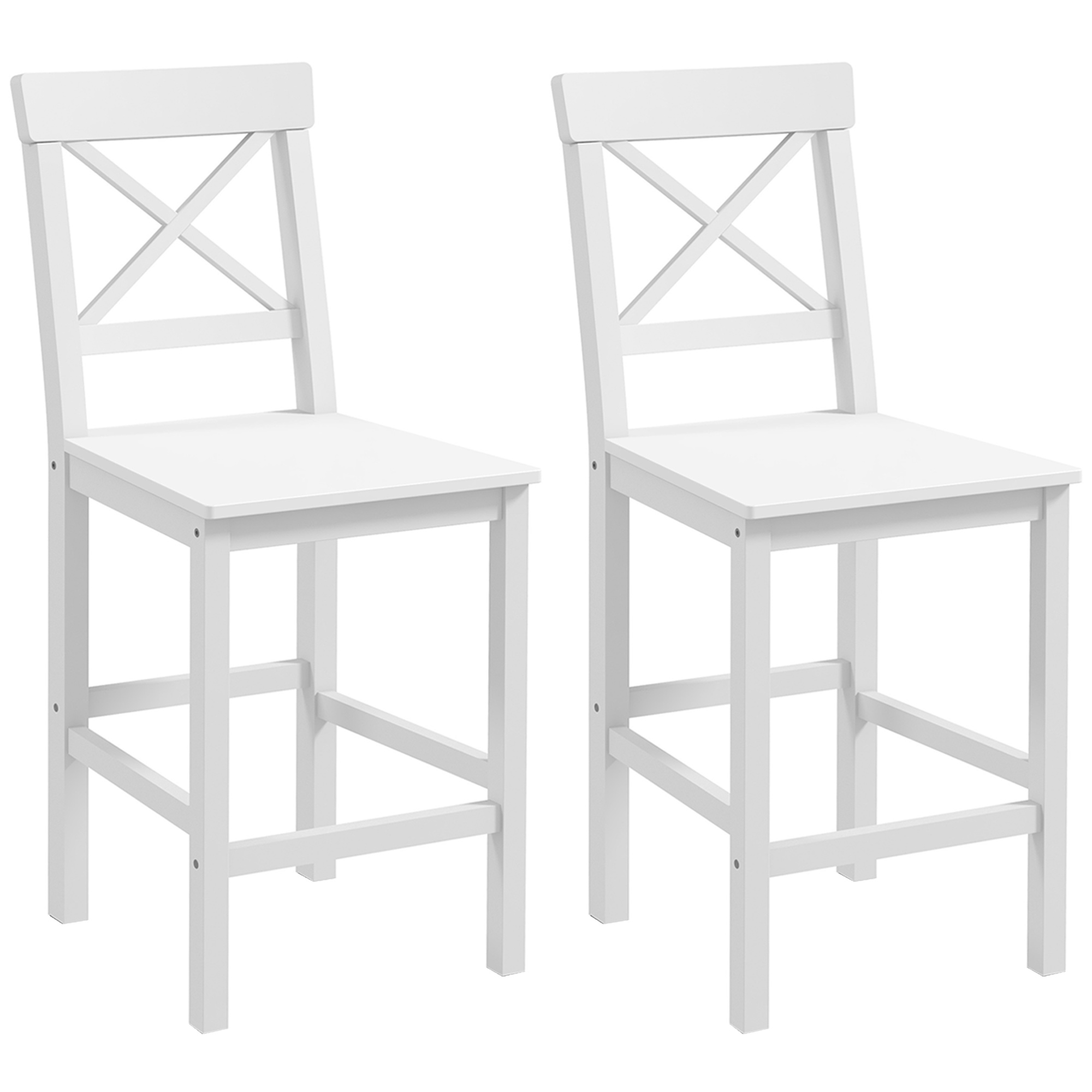 HOMCOM Juego de 2 Taburetes Altos de Cocina, Taburetes de Bar de Madera con Reposapiés y Respaldo Cruzado, Carga 120 kg, para Comedor, Mostrador, Blanco