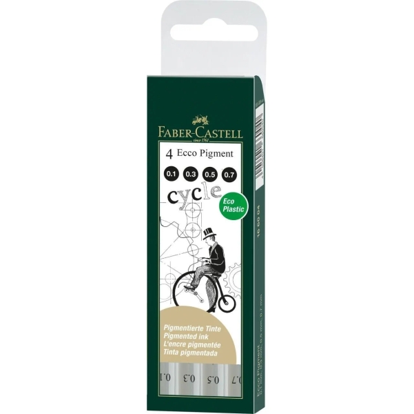 Faber-castell ecco pigment pack de 4 rotuladores calibrados 0.1, 0.3, 0.5, 0.7mm - punta engastada en metal - tinta pigmentada resistente al agua y a la luz - color negro