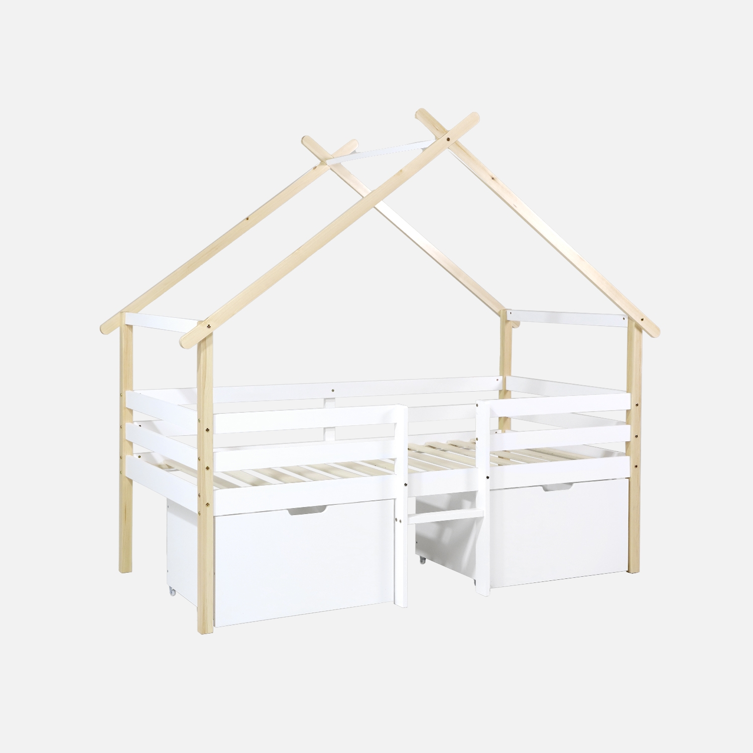 sweeek - Cama infantil de madera de pino con somier incluido y 2 cajones, 90cm , Sienna , 212x102x188