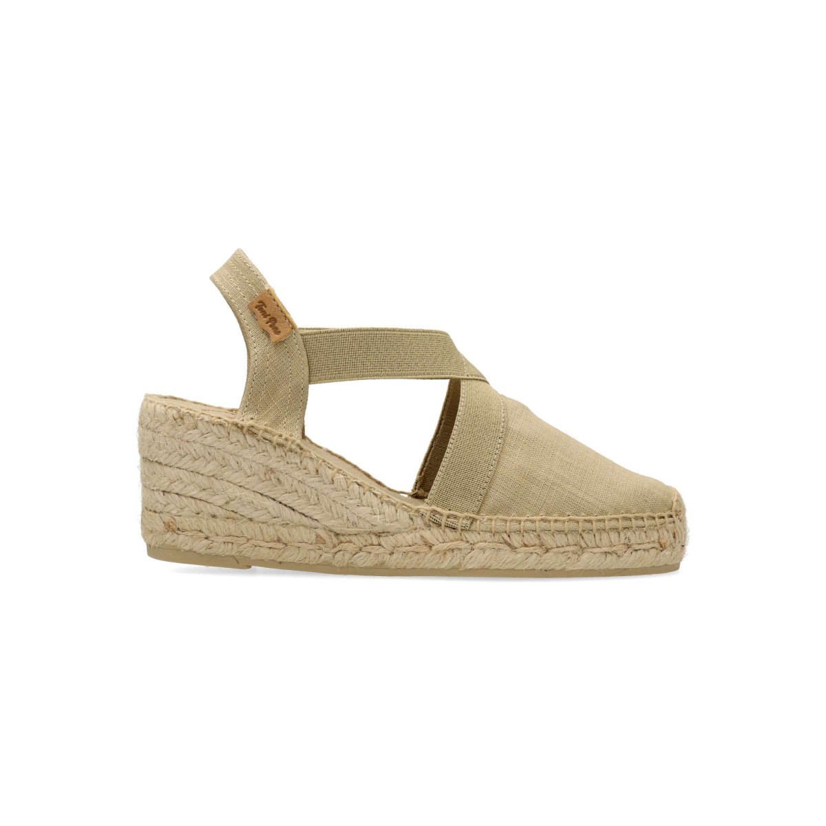 TONI PONS - Sandalias valencianas elásticas para mujer, cómodas de textil con suela de yute natural sobre goma, altura cuña 6,5 cm, color piedra, hechas en España