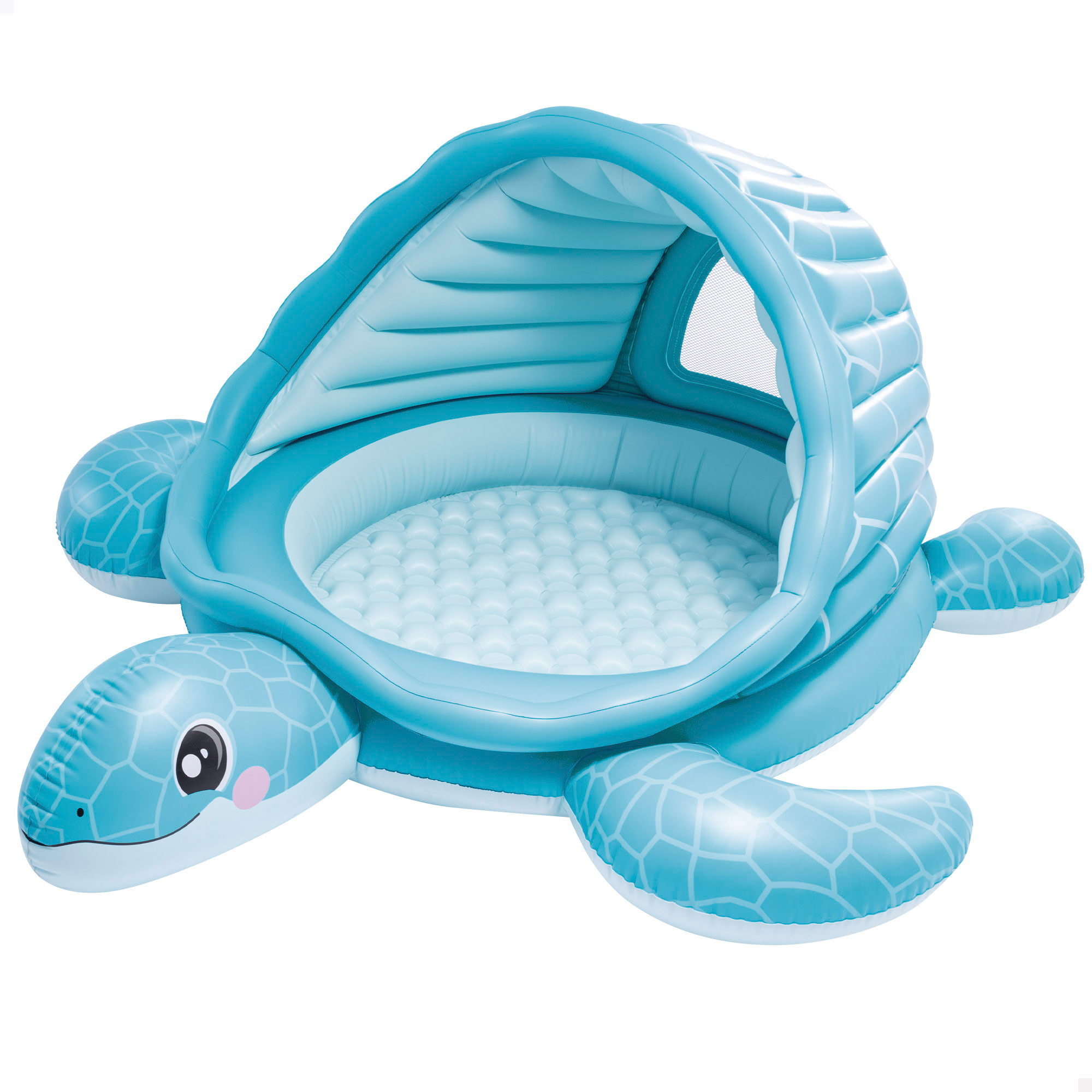 INTEX - Centro de juego hinchable para niños, forma de tortuga, color azul, mide 218x206x97 cm, toldo para el sol, ventana transparente, suelo hinchable, incluye 100 pelotas multicolor, parche reparación, piscinas desmontables para niños