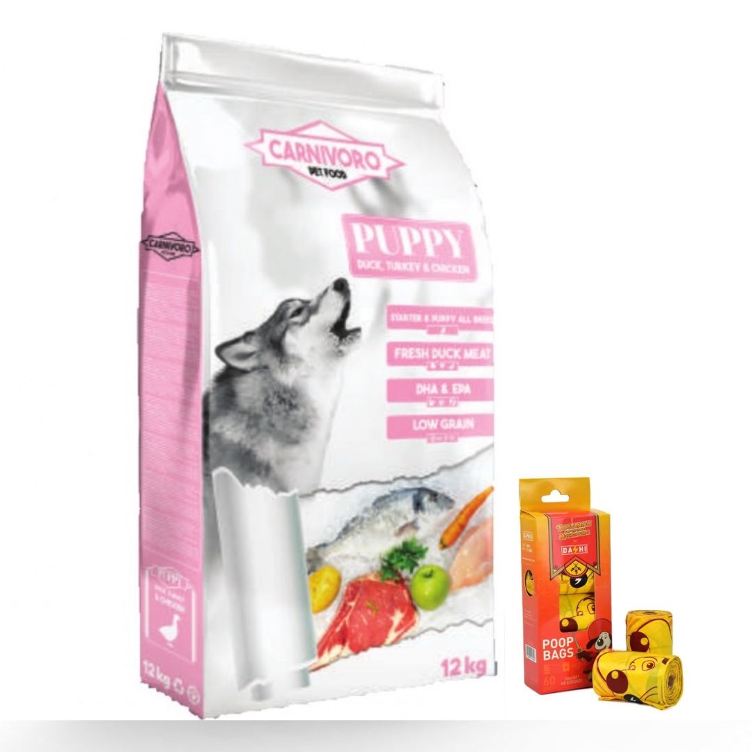 Carnivoro puppy Pato,Pavo y Pollo 12kg (+Bolsas para excrementos de perro 4 rollos de 15 und )