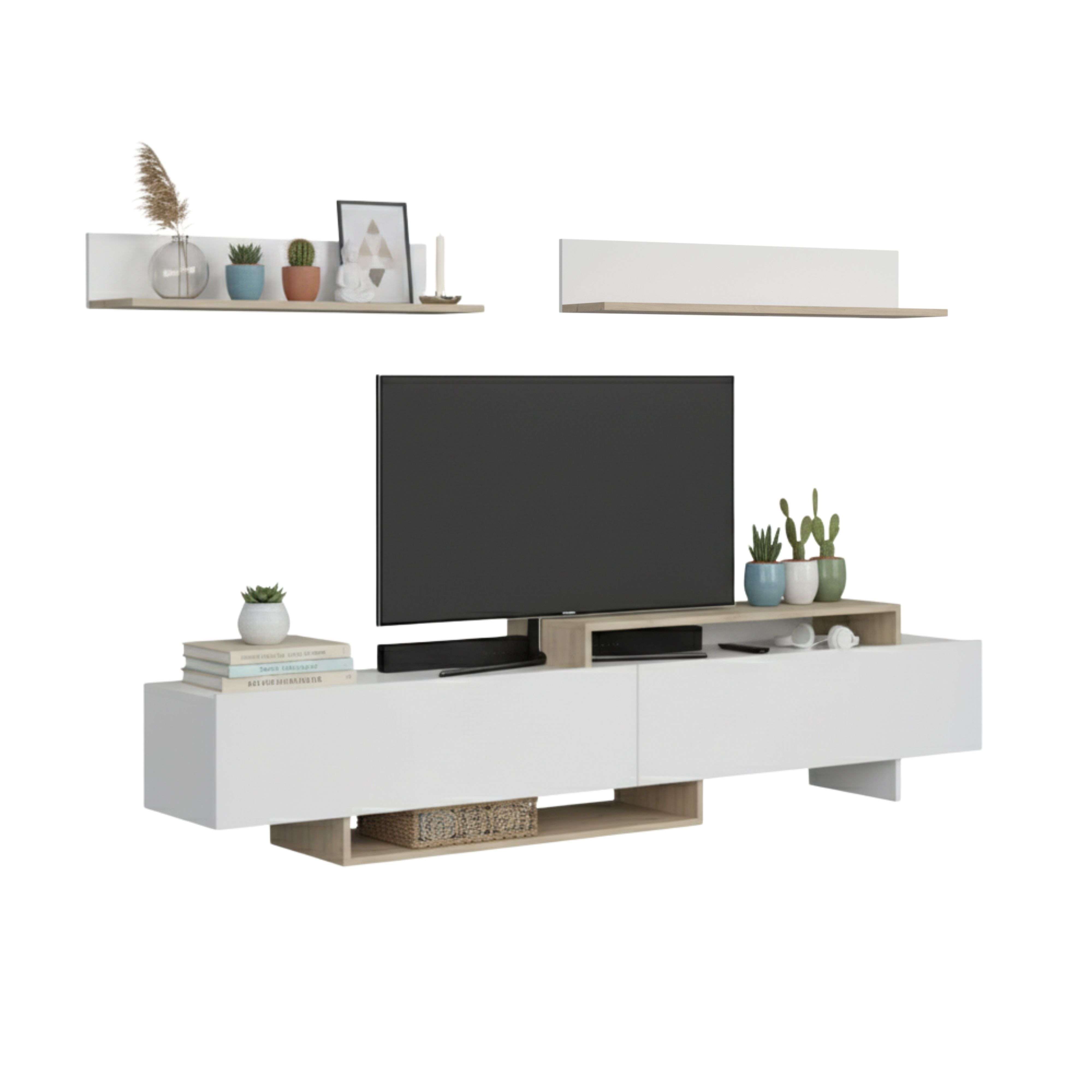 Miroytengo Mueble de TV, Mueble de salón 200 cm Orlis Comedor 2 Puertas Abatibles, 2 Estantes Pared Blanco mate y Roble Artesano