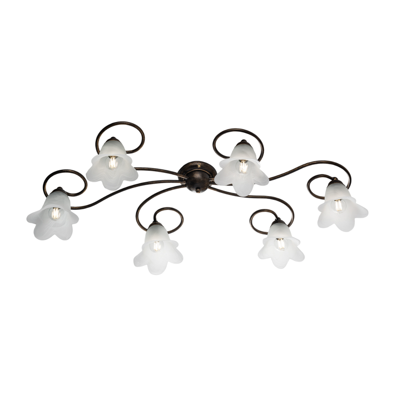 Lámpara de techo Alice en hierro lacado en marrón con decoración. Difusores de oro antiguo y cristal d. 14 alabastro blanco 6 luces L. 99 X 50 - Belight