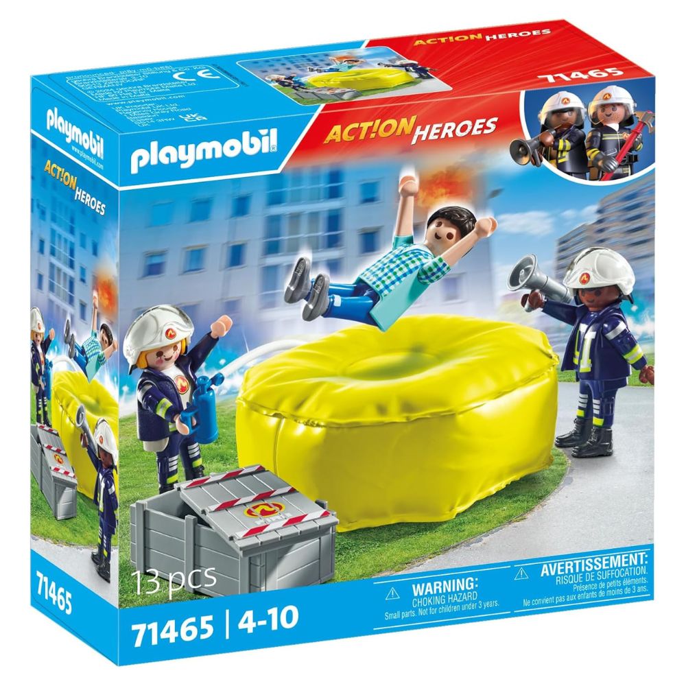 PLAYMOBIL (71465) Bomberos con colchoneta hinchable para socorrer a las victimas del incendio y caja de almacenamiento, Action Heroes